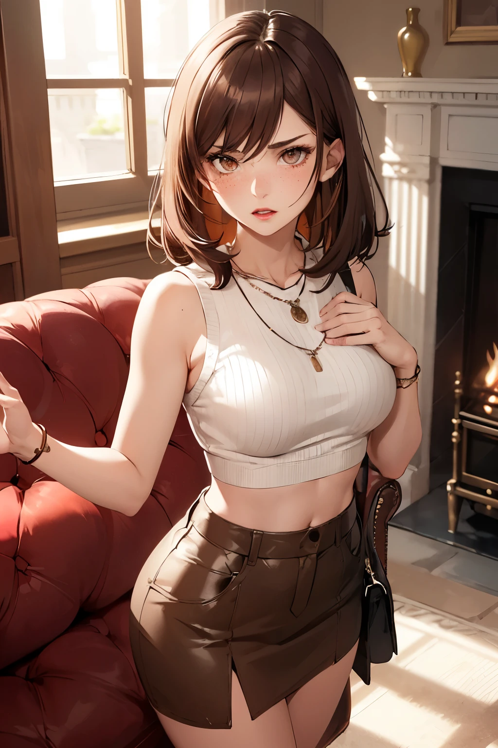 ((best quality)), ((masterpiece)), (detailed), Ridiculous resolution, high resolution, (masterpiece:1.4), Hyper-detailing, a woman. she is 17 years old. auburn hair. She has bangs in her hair. red lips. she is blushing. she has freckles. (Ultra detailed brown eyes)). she is lying on a sofa by the fireplace. She is wearing a sleeveless woolen crop top sweatshirt. She is wearing a woolen, ribbed mini skirt. necklace. full body shot. she is angry.
