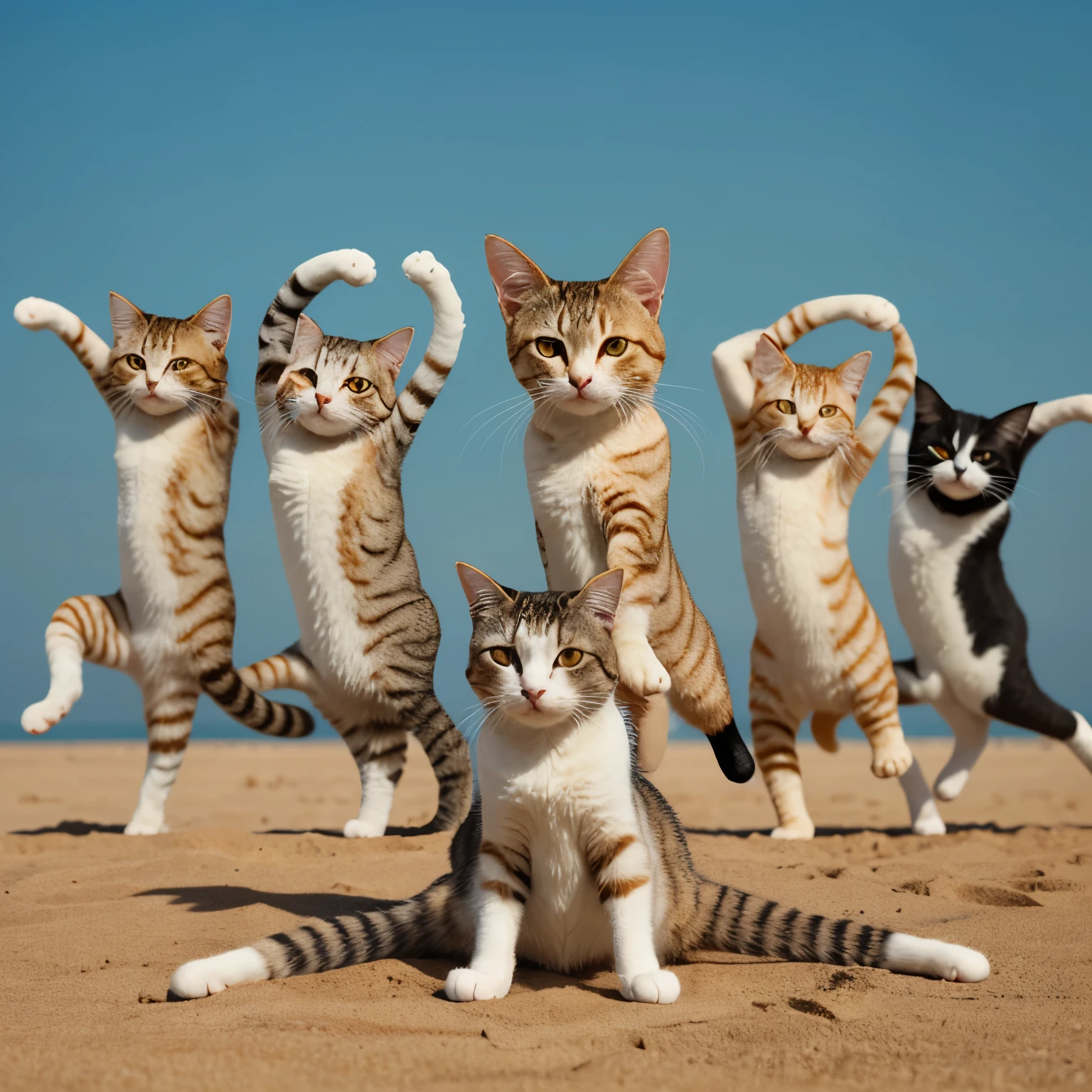 Realistic cat gymnastics、Very realistic cat、dancing, Each one has a different pose, It's like a dance studio, dynamic pose, Fierce dance, Super fine、Finish like a photo、8K、The background is a bright sandy beach、((blue sky))