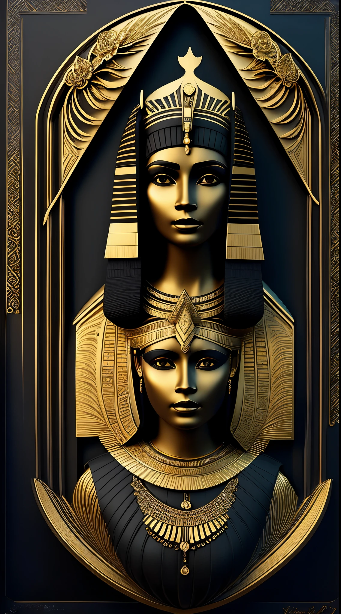 black gold, Portrait of Cleopatra, Wearing an Egyptian crown, Beautiful Cleopatra, An Egyptian princess, whole body, look away, Carved, Matte black, gold plated, Volume shadow, Artificial pattern, Surrounded by intricate decorative borders, Matte black and gold ornament, Very detailed digital art, 3d rendering, 16k