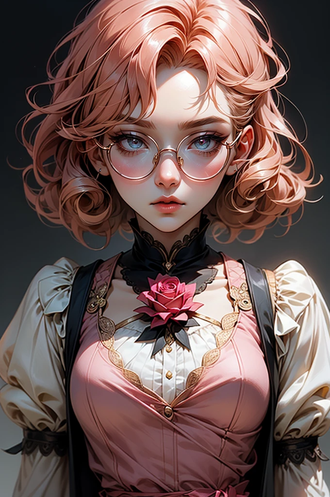Anime girl tuxedo with curly rose gold hair and round gold glasses, rose gold eyes. Guviz style art, attractive detailed art style, Charlie Bowater Style, 1 7 - year - old cute anime girl, detailed manga style, detailed anime character art, germ of art. High detail, stunning manga art style. Rose dress. (pink dress) . Wearing rose gold Victorian clothing.