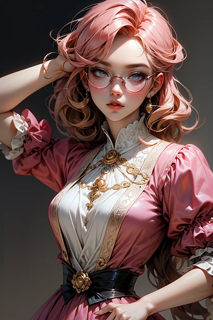Anime girl tuxedo with curly rose gold hair and round gold glasses, rose gold eyes. Guviz style art, attractive detailed art style, Charlie Bowater Style, 1 7 - - old e anime girl, detailed manga style, detailed anime character art, germ of art. High detail, stunning manga art style. Rose dress. (pink dress) . Wearing rose gold Victorian clothing.