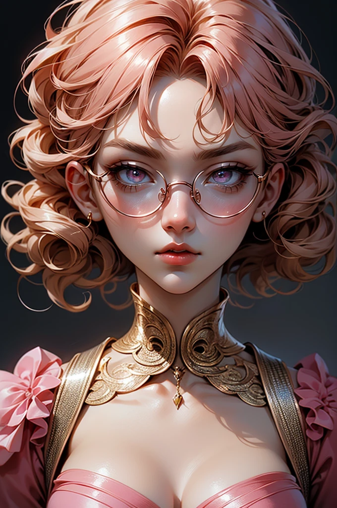 Anime girl tuxedo with curly rose gold hair and round gold glasses, rose gold eyes. Guviz style art, attractive detailed art style, Charlie Bowater Style, 1 7 -  - old e anime girl, detailed manga style, detailed anime character art, germ of art. High detail, stunning manga art style. Rose dress. (pink dress) . Wearing rose gold Victorian clothing.