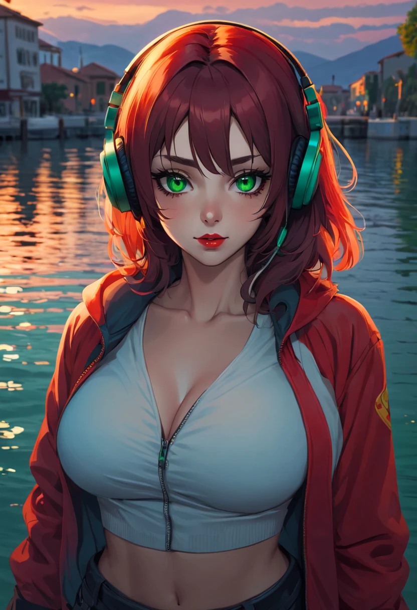 very sexy and beautiful adult woman with large green eyes. Impeccably make up with red lipstick, dark eyeshadow accentuating her bright eyes. She's dressed in an open jacket that's slightly oversized, wearing a top covering her ample bosom. Sporting large, colorful headphones, she stares directly at the camera. The background is a vibrant water like setting with various multicolored light effects. Cinematic light, she is happy and enjoyng it