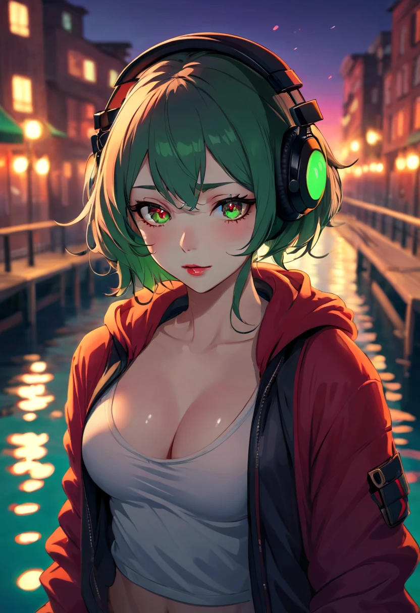 very sexy and beautiful adult woman with large green eyes. Impeccably make up with red lipstick, dark eyeshadow accentuating her bright eyes. She's dressed in an open jacket that's slightly oversized, wearing a top covering her ample bosom. Sporting large, colorful headphones, she stares directly at the camera. The background is a vibrant water like setting with various multicolored light effects. Cinematic light, she is happy and enjoyng it