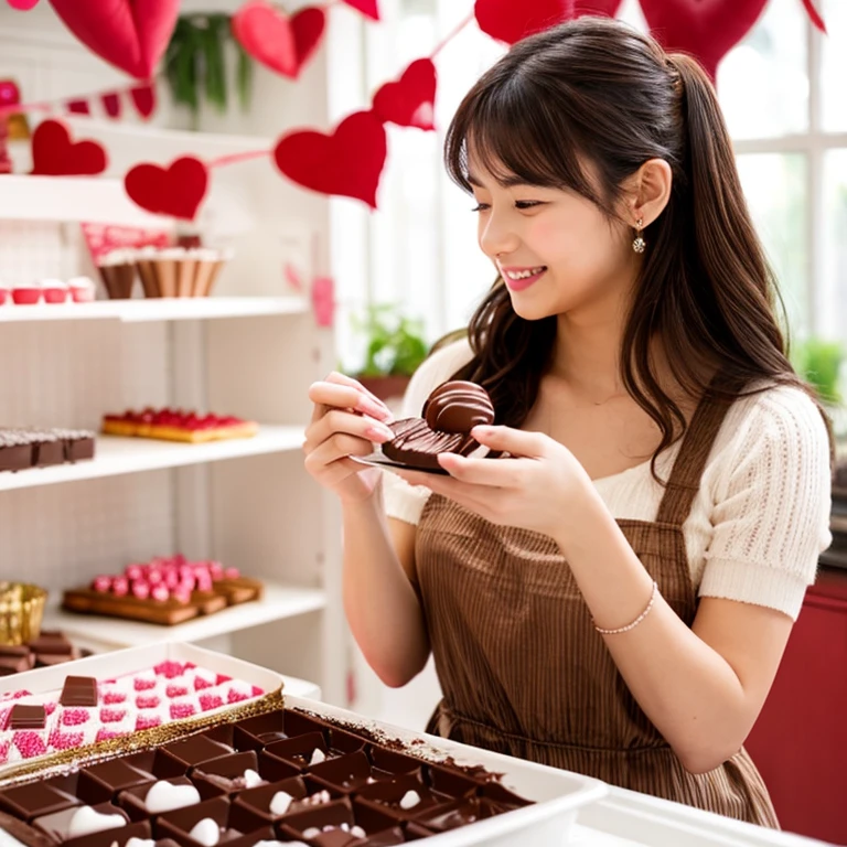 woman making chocolate、young woman、Baking、décor、Valentine