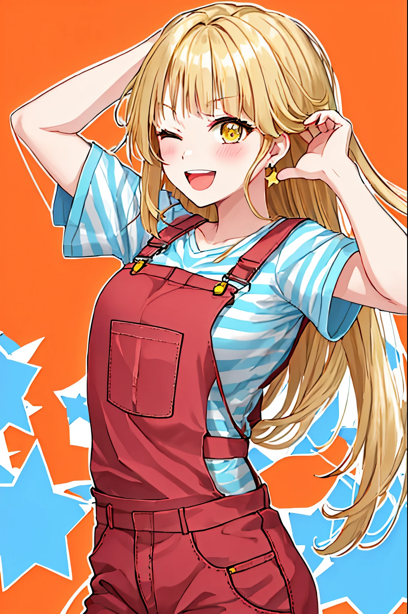 best quality, masterpiece, highres, solo, {tsurumaki_kokoro_bangdream:1.15}, blonde_hair, bangs, long_hair, yellow_eyes, smile, blush, open_mouth, :d, 1girl, ;d, breasts, looking_at_viewer, one_eye_closed, red_shirt, shirt, short_sleeves, striped, striped_shirt, v, medium_breasts, overalls, upper_body, armpit_peek, orange_background, outline, sidelocks, simple_background, star_\(symbol\), white_outline