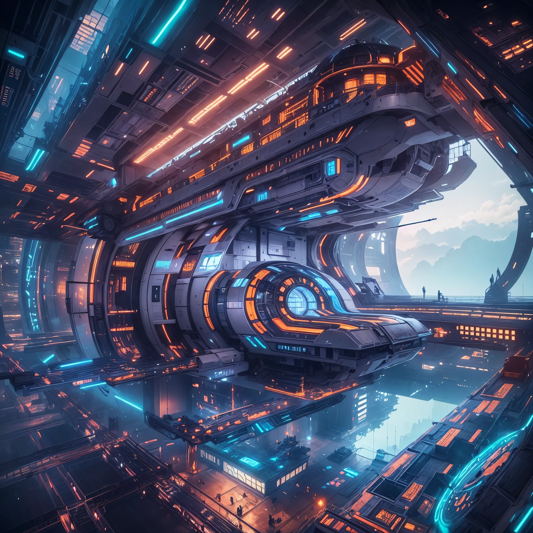 Huge spaceship floating in the sky,Spacious viewing platform,bird's eye view,Luxurious hull interior,Full of futuristic technology,detail,Exquisite,Gorgeous 3D rendering effects,Sci-fi colors
