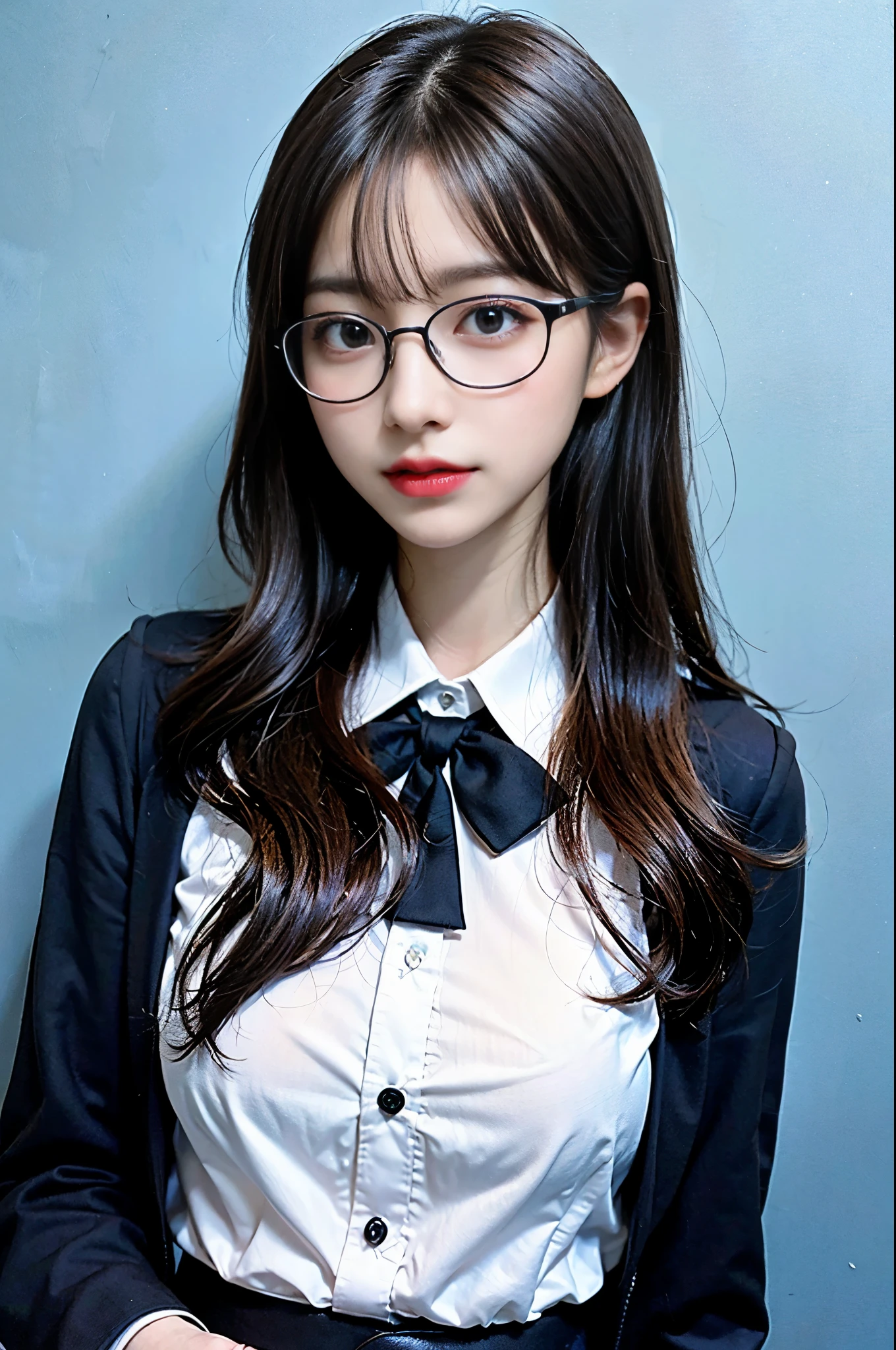 (top quality, 8k, 32k, Masseter muscle film, north african trade zone:1.2), (realistic, Realism:1.1), (perfect anatomy:1.2), horizontal distance method, ID photo, ((ID photo:1.4)), Upright and immobile, facing forward, looking at the audience, Natural eyes, Super detailed, Upper body shot,Shiny dark brown hair, (medium hair:1.2), 1 girl in, super cute high school girl, Japanese, Limited to 17 people, (The background is a blue background:1.4), Big breasts, Heavy breasts, beautiful details eyes, Commercial High School, 黑色Uniforms Uniforms, ( Long black tie, black jacket:1.15), (Black-rimmed glasses:1.2), Uniforms, (Black box skirt, Collared long-sleeved white shirt:1.2), strobe lighting,