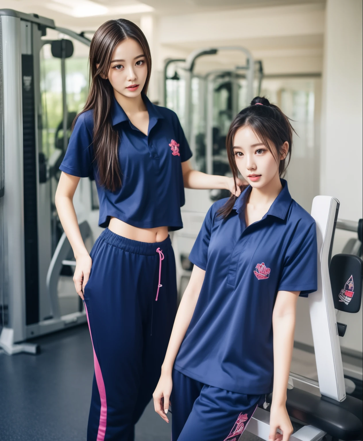 2 girls in the fitness center, Navy blue short-sleeved shirt,Navy Long Trackpant,Sweatpants, Sweatpantsขายาว,25 year old girl, lesbian, sexy, exercise clothes, wet body