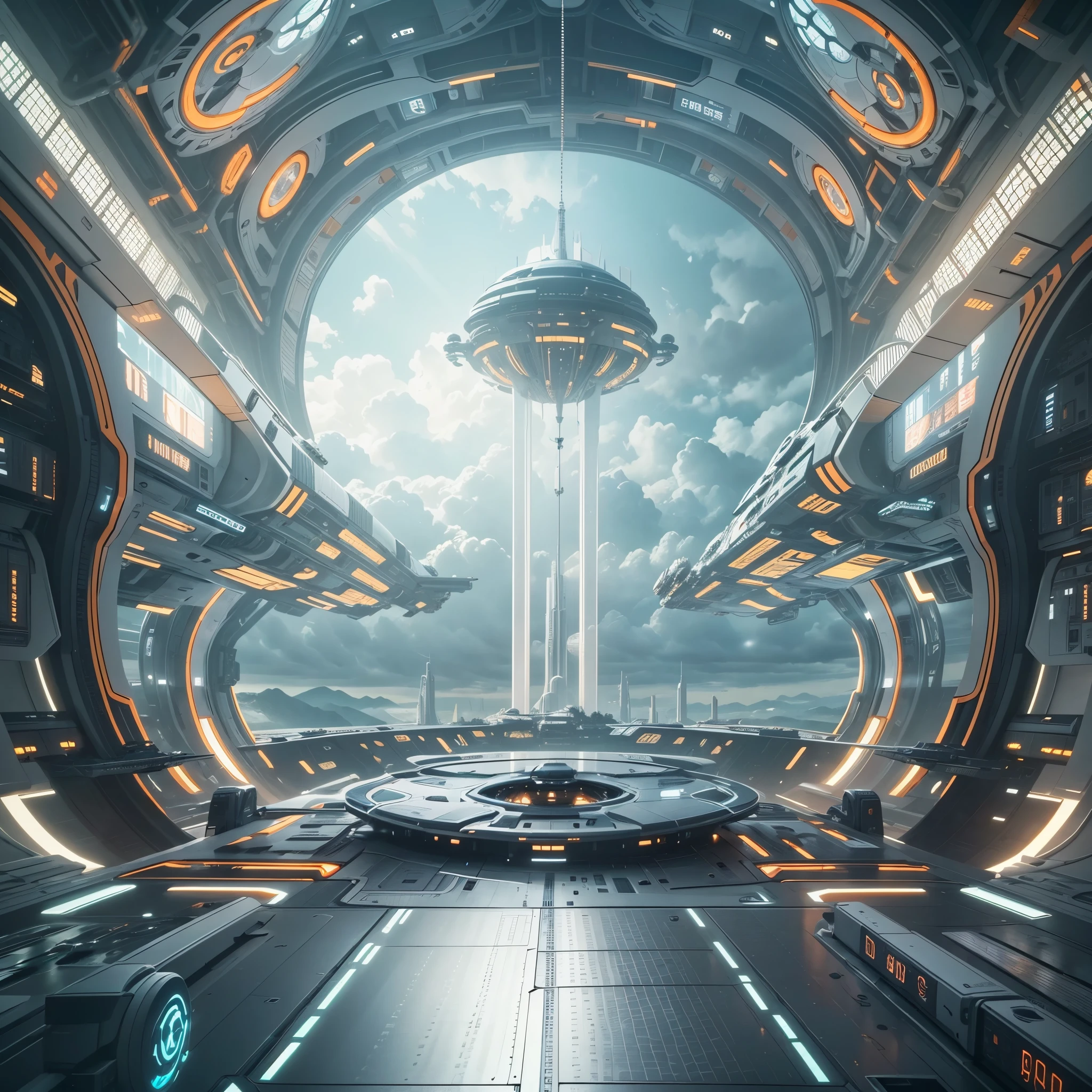 There is a huge spaceship floating in the sky，There is a large viewing platform，There&#39;s a huge engine in the back, futuristic interior, sci-fi interior, Detailed futuristic architecture, gorgeous 3d render, origami studio 3 design, rendered in lumion pro, stunning 3 d render
