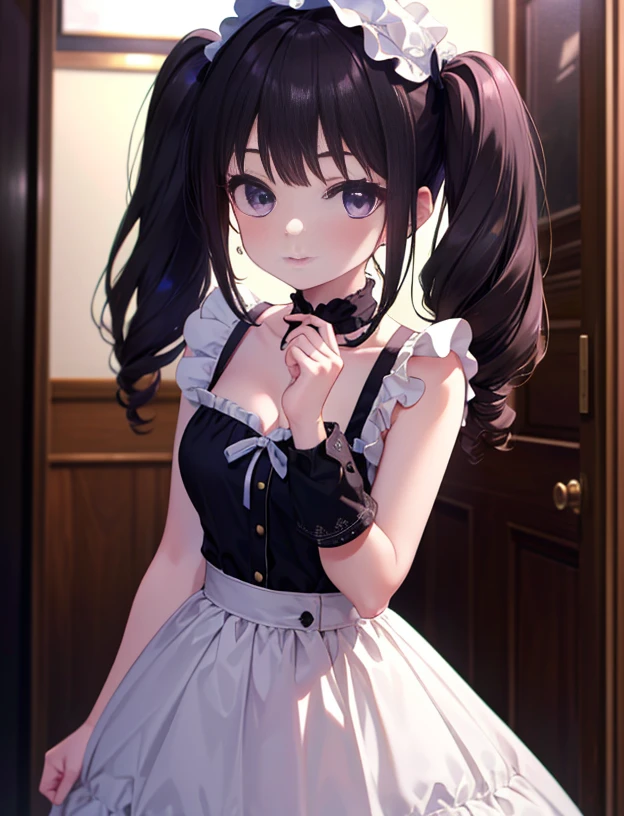 Takiinoue, Inoue check, long hair, bangs, twin tails, black hair, (purple eyes:1.2),blush,smile maid clothes, hair ornaments, cleavage, Maid head again SS, removed sleeve, ribbon,break indoors, Cafe,break looking at viewer, (cowboy shot:1.5),break (masterpiece:1.2), highest quality, High resolution, unity 8k wallpaper, (shape:0.8), (beautiful and detailed eyes:1.6), highly detailed face, perfect lighting, Very detailed CG, (perfect hands, perfect anatomy),