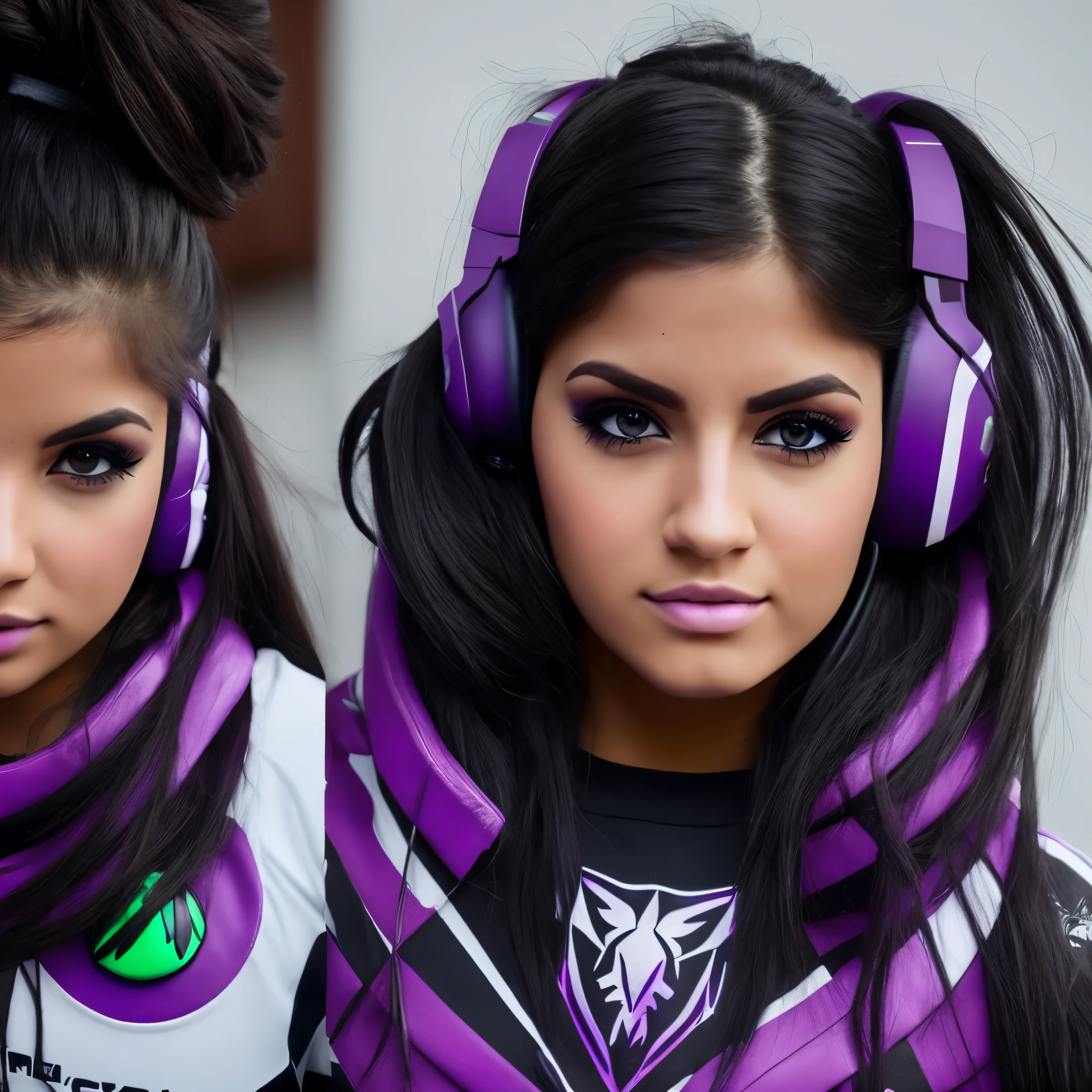 Chica gamer con ojos marrones y piel blanca, de 1,62 metros de altura y 66 kilos de peso, cabello negro corto, con audifonos gamer y logo de laugameplays_ escrito y ropa color morado