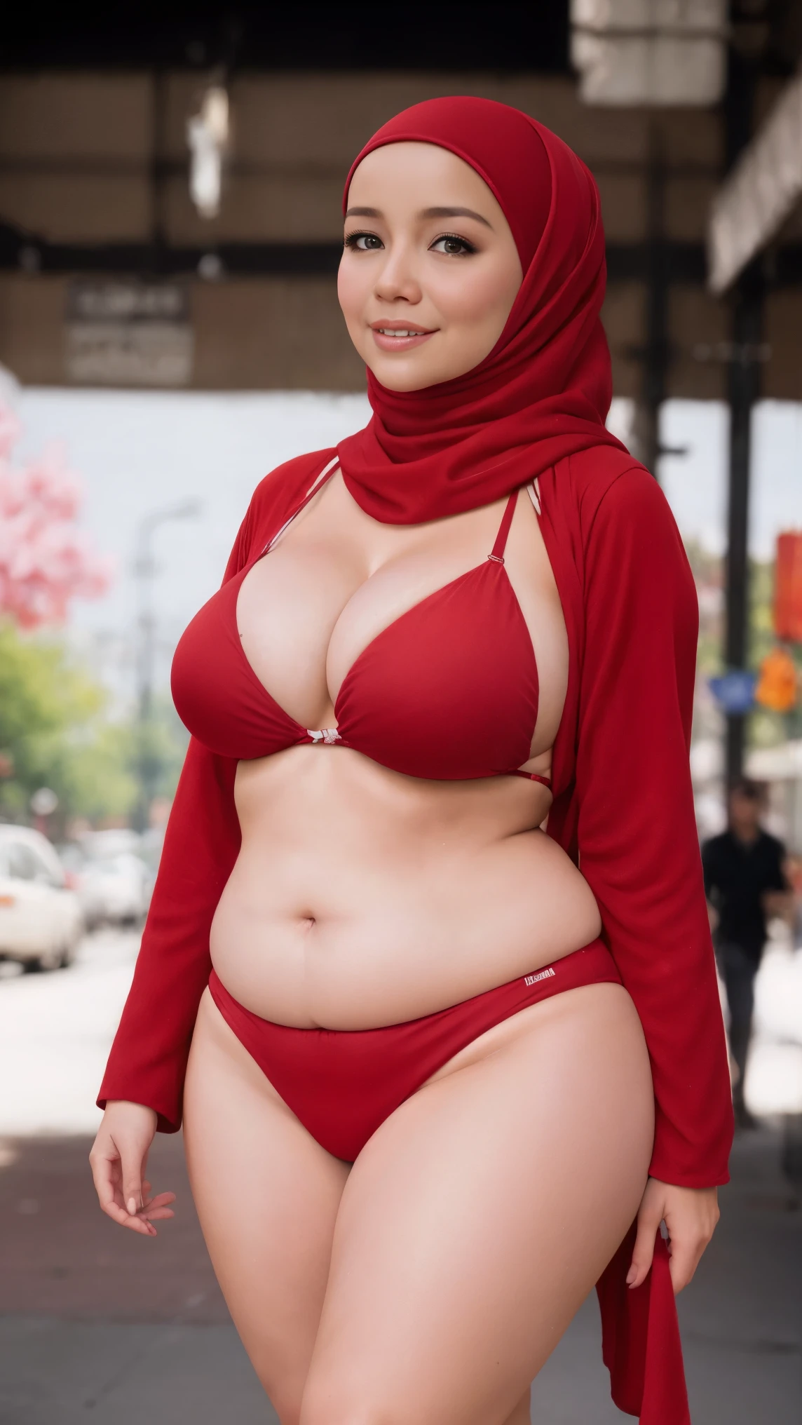 close-up portrait of a beautiful chubby curve body woman in hijab walking at street in the morning, wearing red bikini top and bikini bottom, ((heavy big breast)), showing large cleavage, reeds, (backlight), realistic, masterpiece, soft smile, high quality, lens reflection, shadow, flower, [[chromatic aberration]], by Jeremy Lipking, by Antonio J. Manzanedo, digital painting,