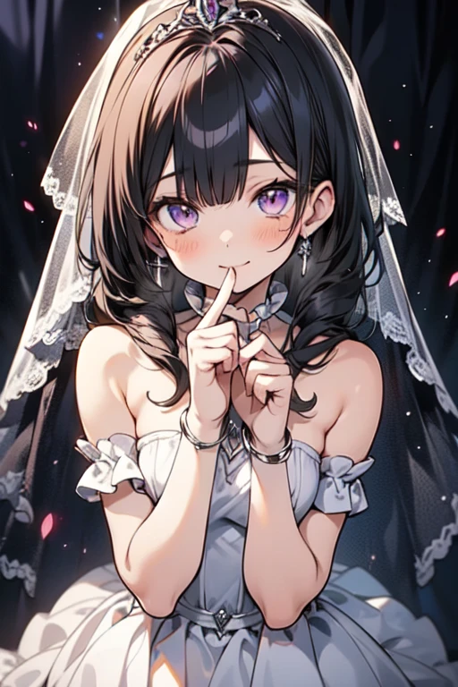 anime style, Rendering of anime girls, realistic young anime girl, Smooth anime CG art, smile, cute, purple eyes, small breasts, tall, Long straight hair、slanted eyes, wedding veil、Wedding dress, aldult, black hair, Looks embarrassed, tiara,