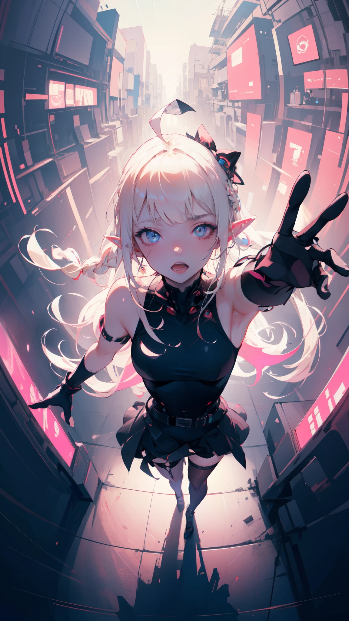 ((masterpiece)), (top quality), (best quality), ((ultra-detailed, 8k quality)), Aesthetics, Cinematic lighting, soft semi-backlit light, (detailed line art), absurdres, (best composition), (high-resolution), (fractal art:1.3),
BREAK,
artistic illustration, Beautiful Cyberpunk witch (elf) Female, beautiful detailed eyes, (intricate detailed design), vivid colors, swimwitch familiar female,wearing cyberpunk techwear (gothic_ta cyberpunk style:1.2), high heels, skin tight, black lace thighhighs, lace gloves, jewelry, (goggles cyberpunk style), psychedelic, whimsical, ((fisheye, perspective:1.2)), Squids, (magic circle), prism bubbles, many Water columns magic circle, (intricate detailed magic circle), (Cyberpunk style),
BREAK,
highly detailed of (elf), (1girl), solo, perfect face, details eye, ahoge, (hair loop:1.2), blonde white shining hair, (braided bangs:1.1), blue eyes, shining eyes, (beautiful detailed eyelashes, eyeshadow, pink eyeshadow), open mouth, design art by Mikimoto Haruhiko, by Kawacy, By Yoshitaka Amano,
BREAK,
((perfect anatomy)), perfect body, Abs, medium breast, perfect hands, perfect face, beautiful face, beautiful eyes, perfect eyes, (perfect fingers, deatailed fingers), correct anatomy, perfect legs,