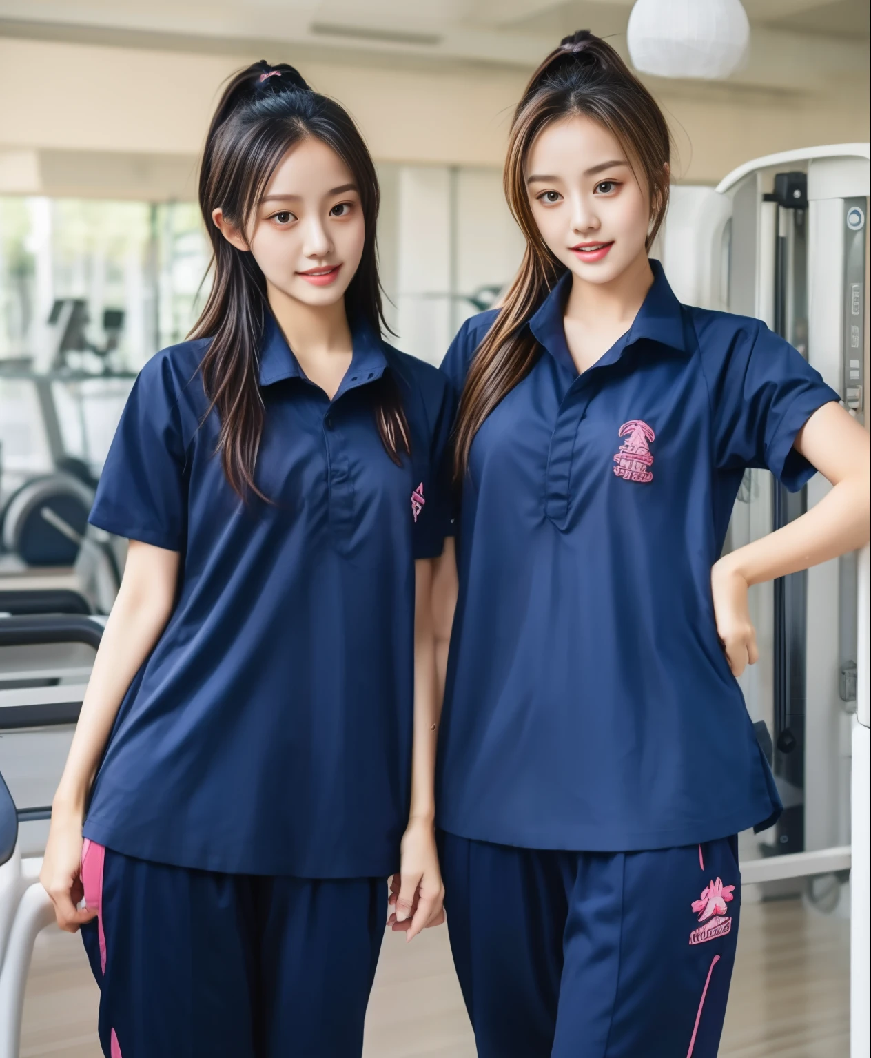 2 girls in the fitness center, Navy blue short-sleeved shirt,Navy Long Trackpant,Sweatpants, Sweatpantsขายาว,25 year old girl, lesbian, sexy, exercise clothes, wet body, exercise clothes