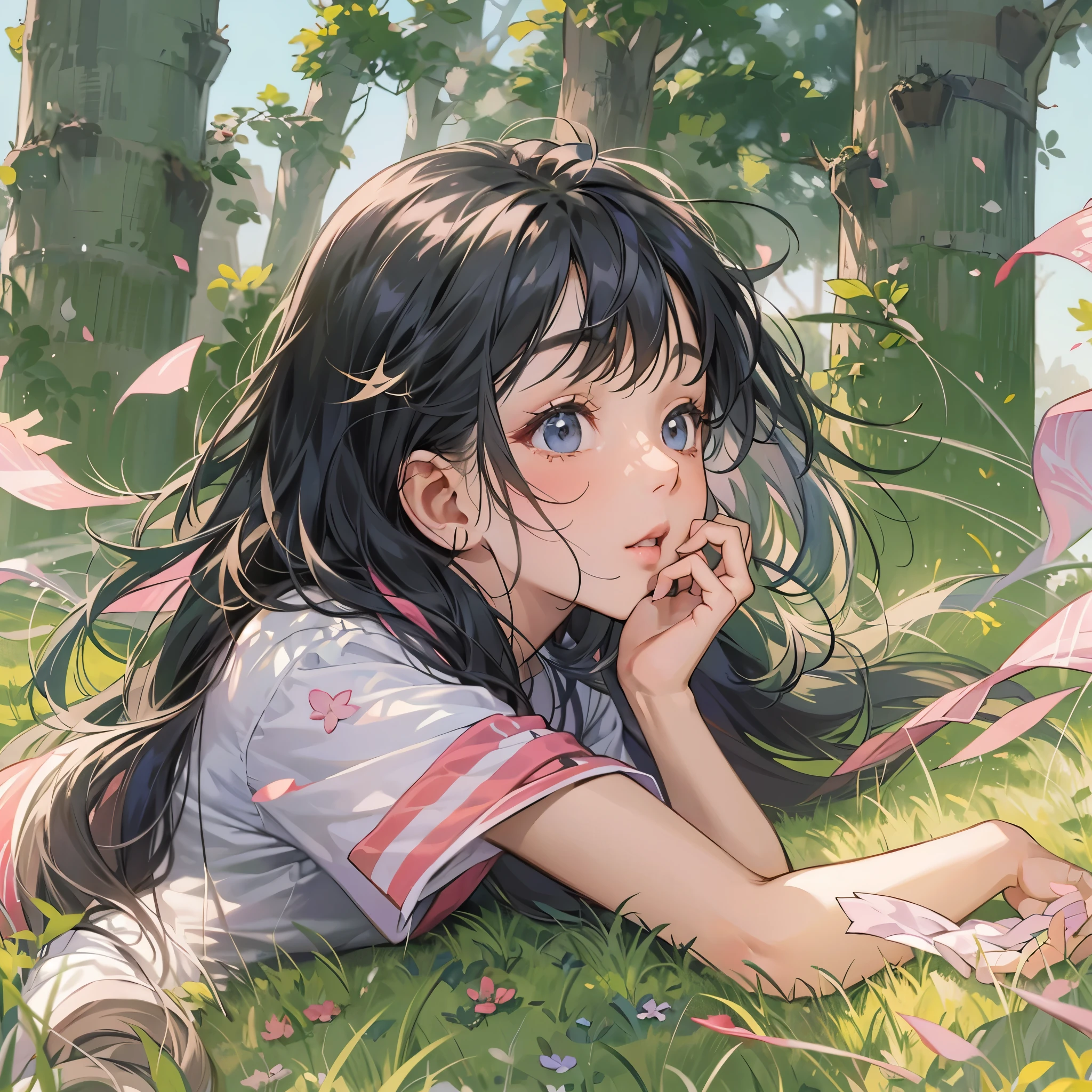( highres, ultra detailed, realistic, )(解剖学正确）, 1  girl,long black hair, wind blow，pink white stripe T-shirt, One hand supporting the cheek, lying on the grass, black eyes looking at the sky, sunset sky background, ultra - detailed, best quality, Detailed diagram, vectorized, 8K, Graphic design, vector lines, Full-HD,仰视角度