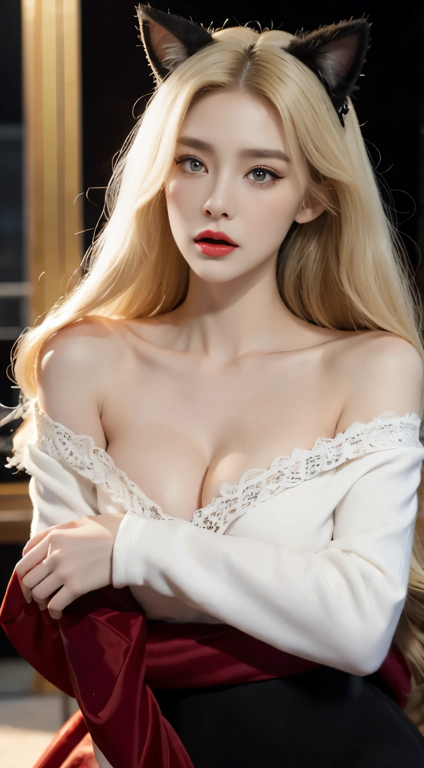 1 European and American vampire beauties:Royal sister，awesomeness，enchanting，beautiful model，thin！！！，Skin white and smooth，curls，combed blonde hair，腿finely长，Wear black on legs，Off-the-shoulder Hanfu，lace短裤，ligheduce，oval face，blue pupils，red lips，Wearing cat ears，Raised sexy，Big breasts，Wear black tie，Dealing cards at casino table，Wild，finely，thin，lace，red fox，Plus unbutton the robe，cat eye，The cold and domineering lady，double eyelids，Good temperament，Hair curls naturally，eye shadow，wear a tie，Succubus，Sudaji