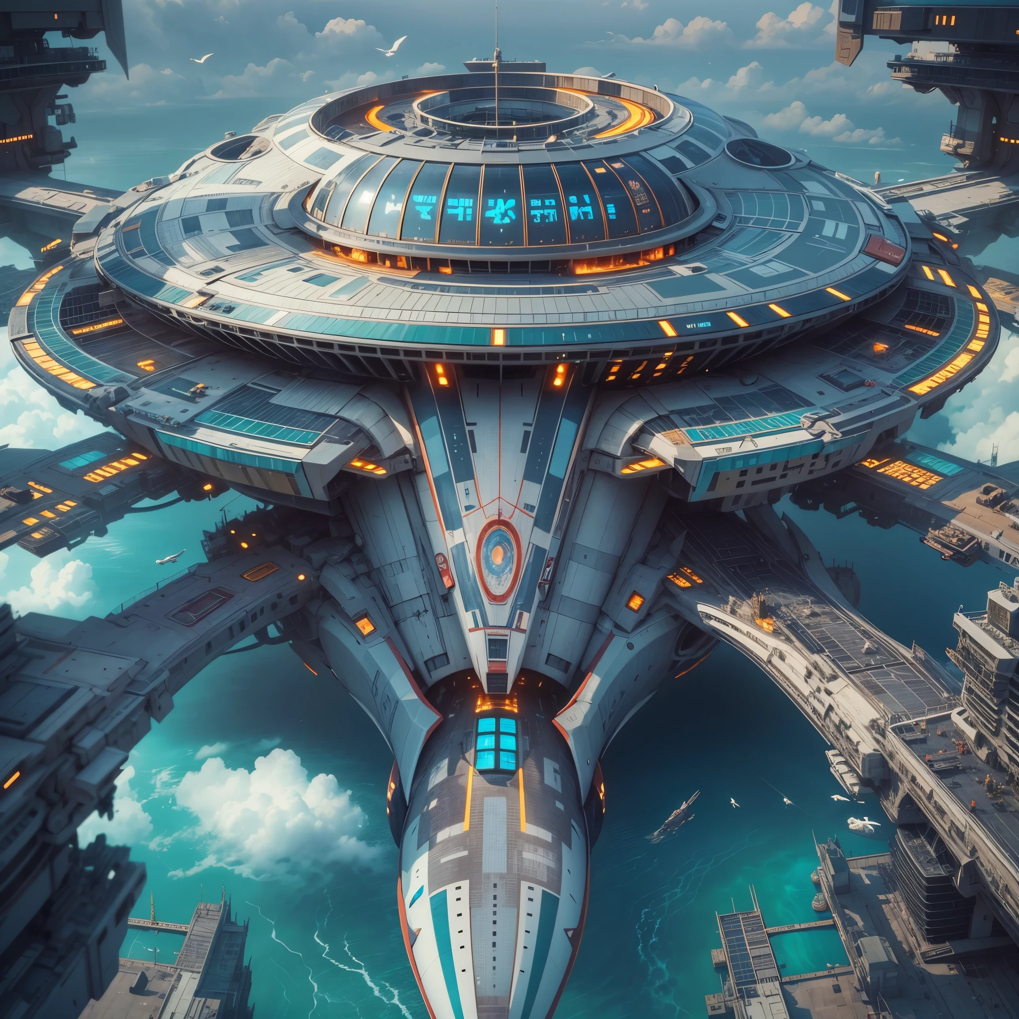 There is a huge spaceship floating in the sky，There is a large viewing platform，There&#39;s a huge engine in the back, futuristic interior, sci-fi interior, Detailed futuristic architecture, gorgeous 3d render, origami studio 3 design, rendered in lumion pro, stunning 3 d render