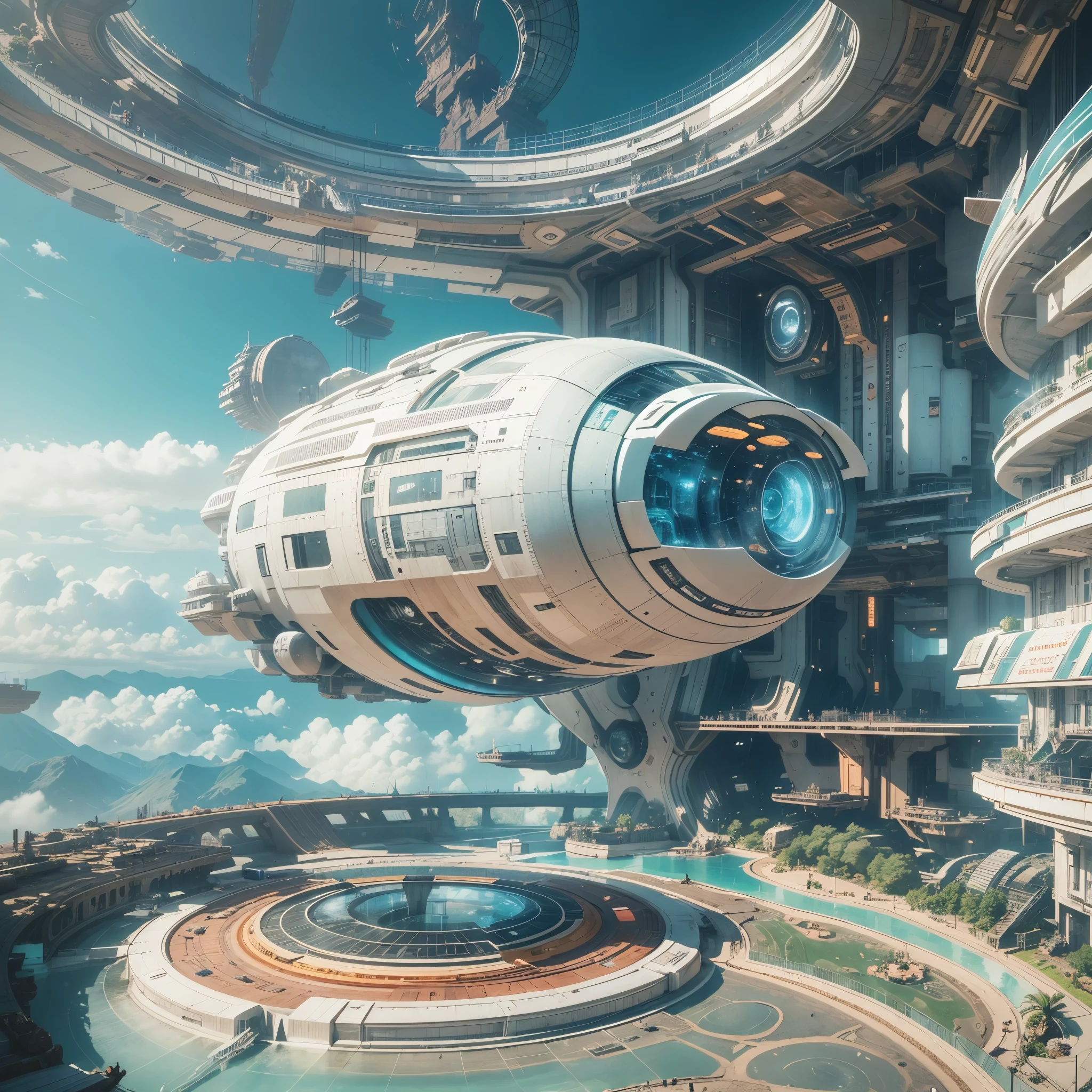 There is a huge spaceship floating in the sky，There is a large viewing platform，There&#39;s a huge engine in the back, futuristic interior, sci-fi interior, Detailed futuristic architecture, gorgeous 3d render, origami studio 3 design, rendered in lumion pro, stunning 3 d render