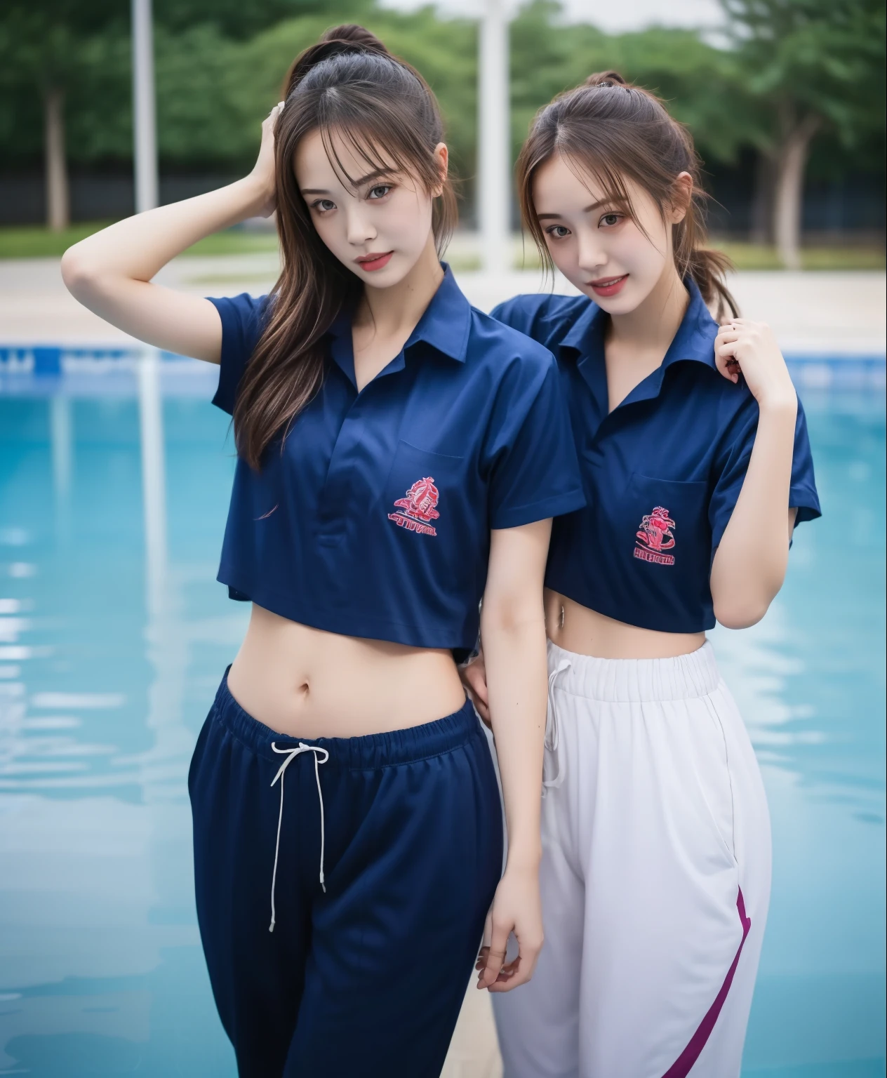 2 girls in the swimming pool, Navy blue short-sleeved shirt,Navy Long Trackpant,Sweatpants, Sweatpantsขายาว,25 year old girl, lesbian, sexy, exercise clothes, wet body
