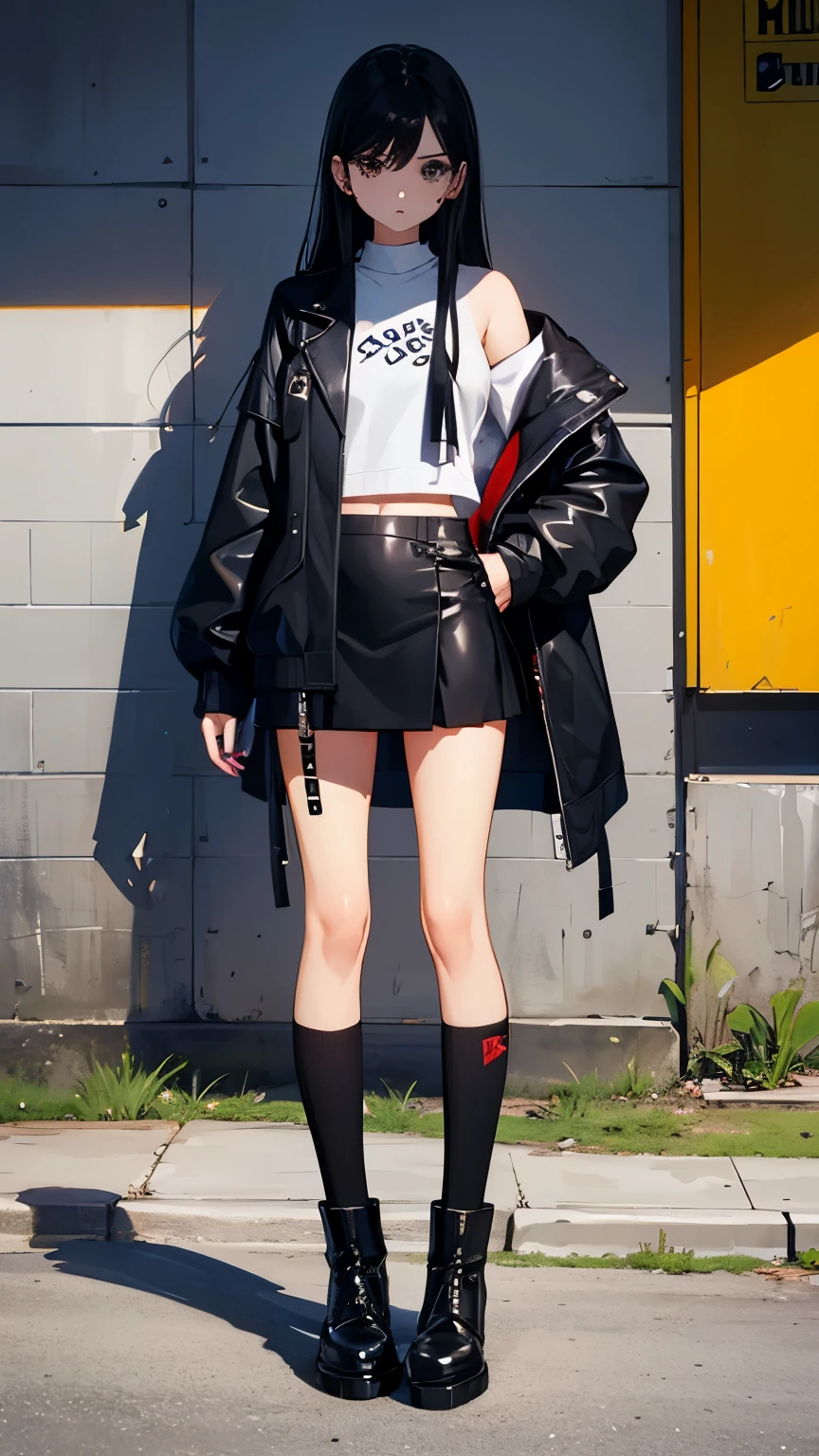 Cool girl, miniskirt, long black hair, belly button exposed, wearing black crew socks, boots, wearing a jacket, full body picture