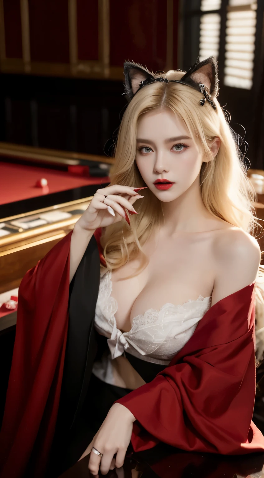 1 European and American vampire beauties:Royal sister,awesomeness,enchanting,beautiful model,thin!!!,Skin white and smooth,curls,combed blonde hair,腿finely长,Wear black on legs,Off-the-shoulder Hanfu,Show belly,lace短裤,ligheduce,oval face,blue pupils,red lips,Wearing cat ears,Raised sexy,Big breasts,Wear black tie,Dealing cards at casino table,Wild,finely,thin,lace,red fox,Plus unbutton the robe,cat eye,The cold and domineering lady,double eyelids,Good temperament,Hair curls naturally,eye shadow,wear a tie