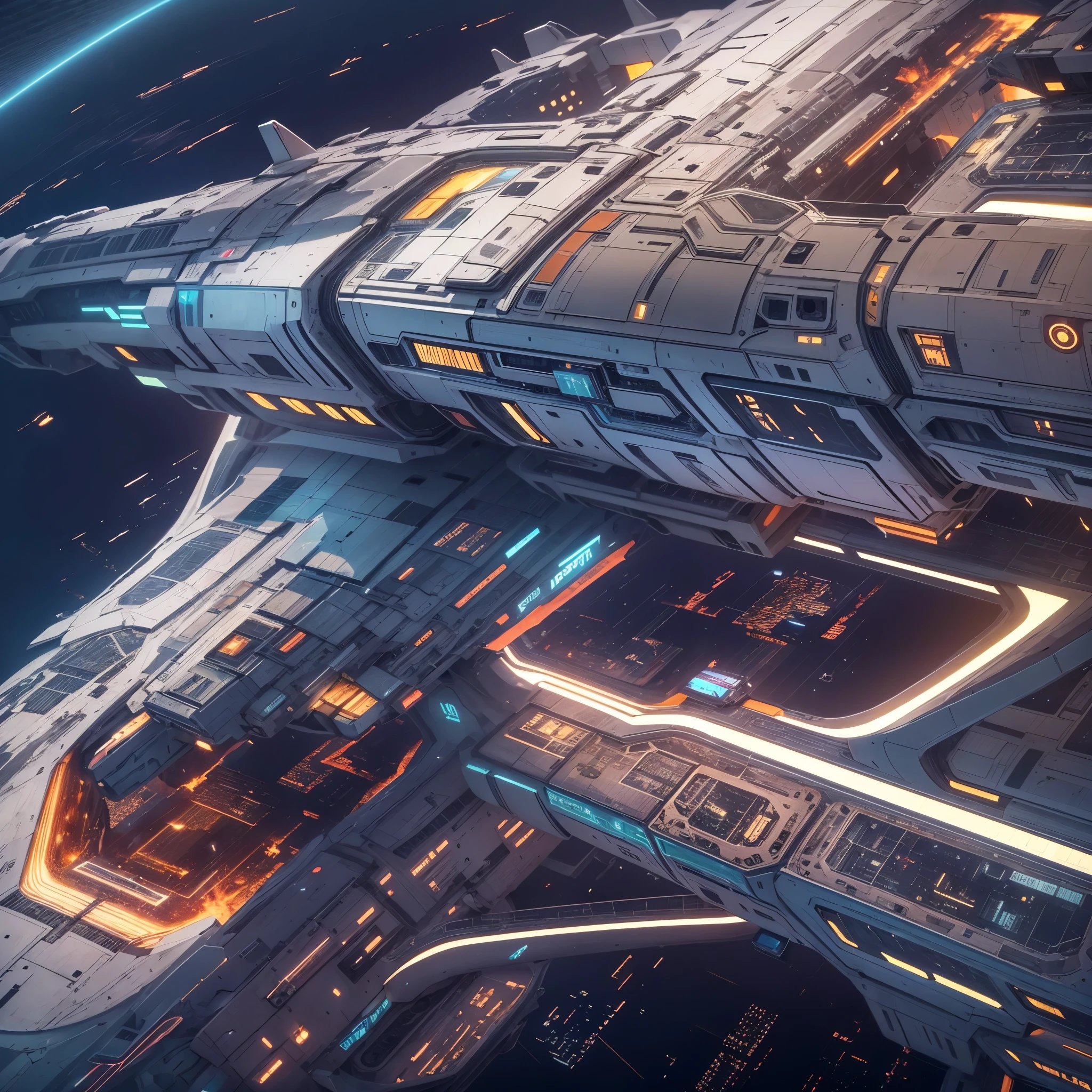 Huge spaceship floating in the sky，Spacious viewing platform，bird&#39;s eye view，Luxurious hull interior，Full of futuristic technology，detail，Exquisite，Gorgeous 3D rendering effects，Sci-fi colors