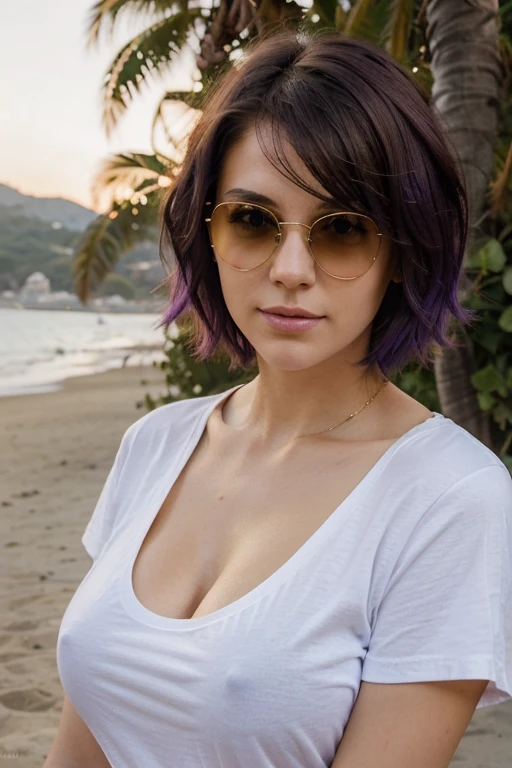 "A photorealistic portrait of a 25-year-old American girl with short purple hair and blue eyes, Wearing sunglasses, very busty and a white t-Shirt. She should have a natural, approachable expression and be illuminated by soft, golden-hour sunlight. The background should be a scenic outdoor setting, perhaps a sunlit beach. Capture this image with a high-resolution photograph using an 85mm lens for a flattering perspective."