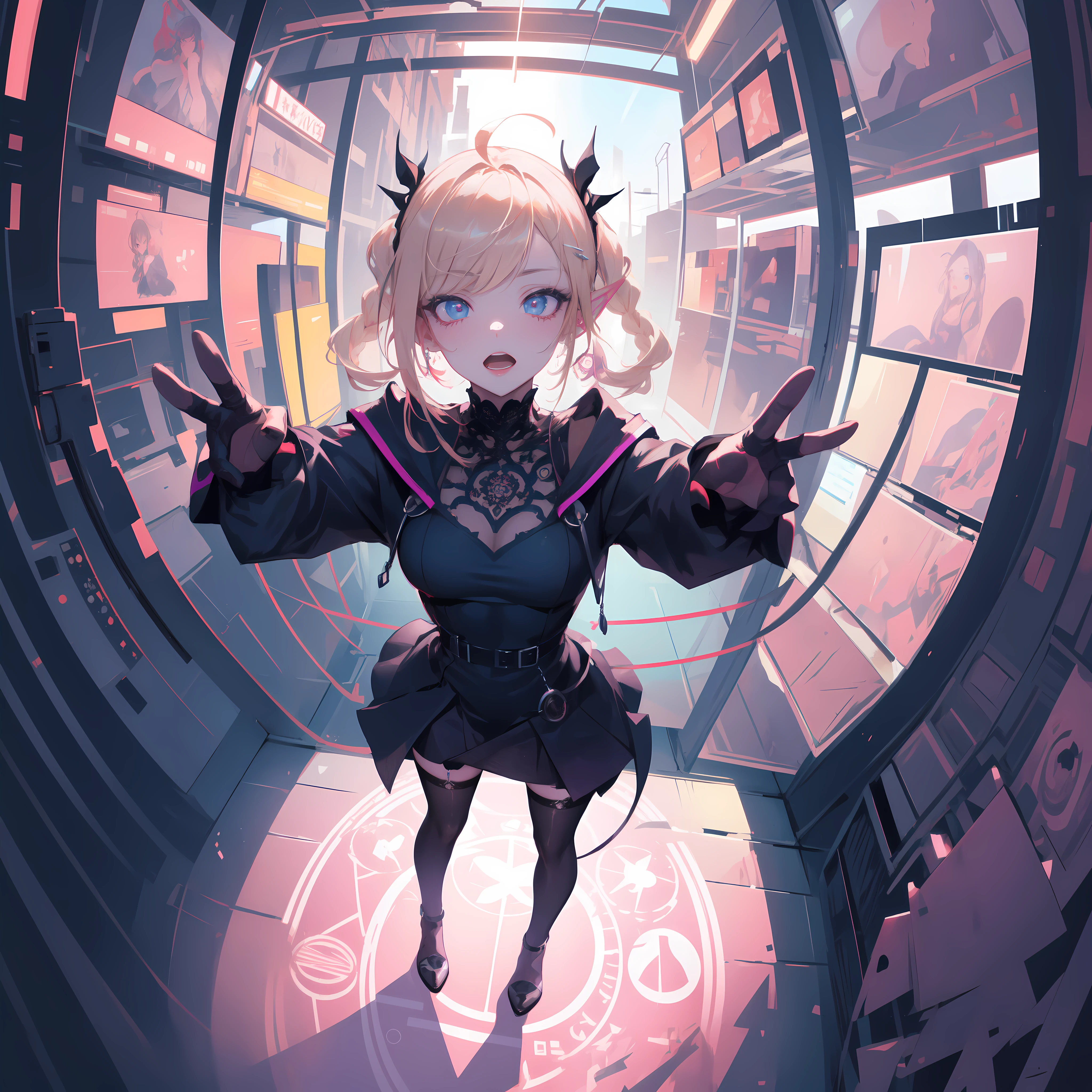 ((masterpiece)), (top quality), (best quality), ((ultra-detailed, 8k quality)), Aesthetics, Cinematic lighting, soft semi-backlit light, (detailed line art), absurdres, (best composition), (high-resolution), (fractal art:1.3),
BREAK,
artistic illustration, Beautiful Cyberpunk witch (elf) Female, beautiful detailed eyes, (intricate detailed design), vivid colors, swimwitch familiar female,wearing cyberpunk techwear (gothic_ta cyberpunk style:1.2), high heels, skin tight, black lace thighhighs, lace gloves, jewelry, (goggles cyberpunk style), psychedelic, whimsical, ((fisheye, perspective:1.2)), Squids, (magic circle), prism bubbles, many Water columns magic circle, (intricate detailed magic circle), (Cyberpunk style),
BREAK,
highly detailed of (elf), (1girl), solo, perfect face, details eye, ahoge, (hair loop:1.2), blonde white shining hair, (braided bangs:1.1), blue eyes, shining eyes, (beautiful detailed eyelashes, eyeshadow, pink eyeshadow), open mouth, design art by Mikimoto Haruhiko, by Kawacy, By Yoshitaka Amano,
BREAK,
((perfect anatomy)), perfect body, Abs, medium breast, perfect hands, perfect face, beautiful face, beautiful eyes, perfect eyes, (perfect fingers, deatailed fingers), correct anatomy, perfect legs,