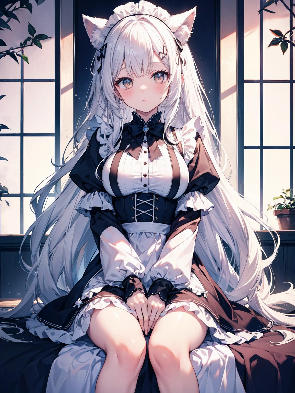 long white hair、White wolf ears、White tail、girl in maid outfit