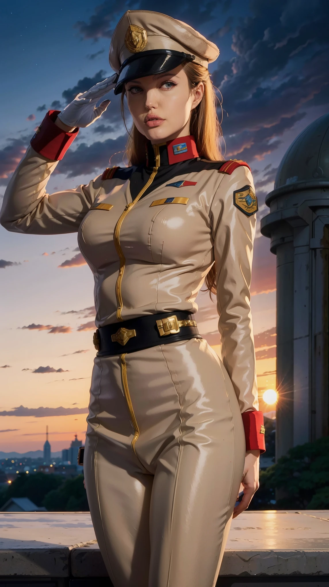 (((masterpiece,highest quality,In 8K,super detailed,High resolution,anime style,Absolutely))),A female Earth Federation Forces officer is standing,(solo:1.5),((ten-hut:1.5)),(((seriously;1.5))),(((Salute with right hand;1.5))),(((stretch your left hand straight:1.5))),(Angelina jolie:1.5),((Sunset in the background:1.5)),((blur background:1.5))),BREAK (Wearing the uniform of the Earth Federation Forces:1.5),(Wearing a federal officer&#39;s hat:1.5),(Beautiful woman:1.4),(Detailed facial depiction:1.4),(beautiful hands:1.4),(detailed hands:1.2),(wallpaper:1.5),(whole body:1.5),((overlooking:1.5))