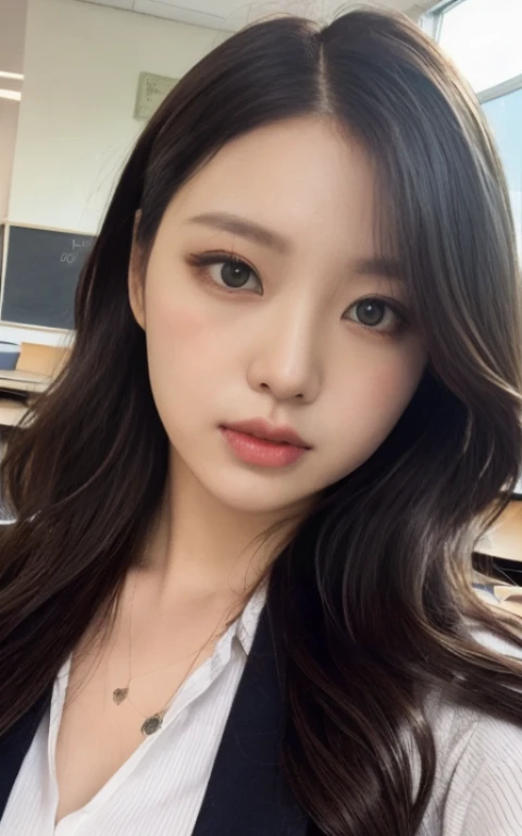 school teacher、teacher、classroom、A woman with the same face as last time(misaki)、４Ｋ、１people&#39;s women、slender、 Loose wavy styling 、Full body shot from the front、seductive and attractive,Including face and skin texture，detailed eyes、Looks like fun