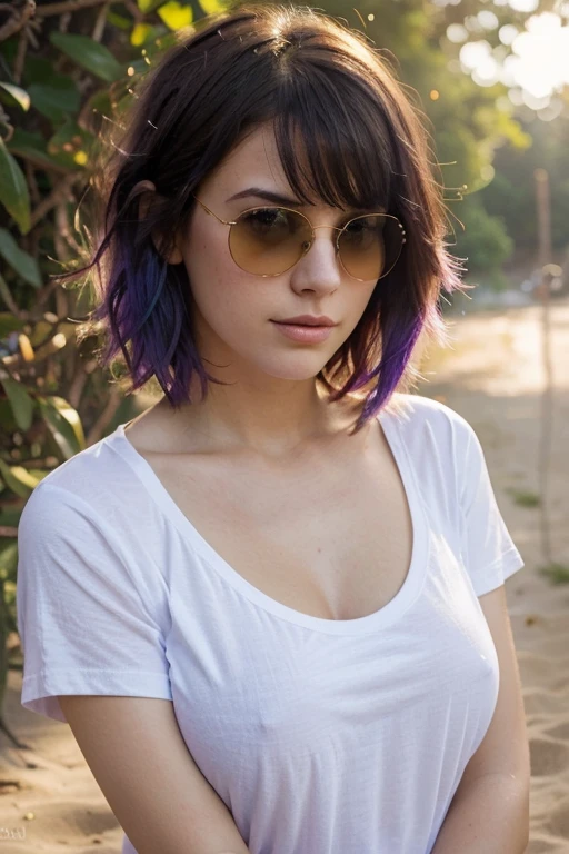 "A photorealistic portrait of a 25-year-old American girl with short purple hair and blue eyes, Wearing sunglasses, very large breasts and a white t-Shirt. She should have a natural, approachable expression and be illuminated by soft, golden-hour sunlight. The background should be a scenic outdoor setting, perhaps a sunlit beach. Capture this image with a high-resolution photograph using an 85mm lens for a flattering perspective."