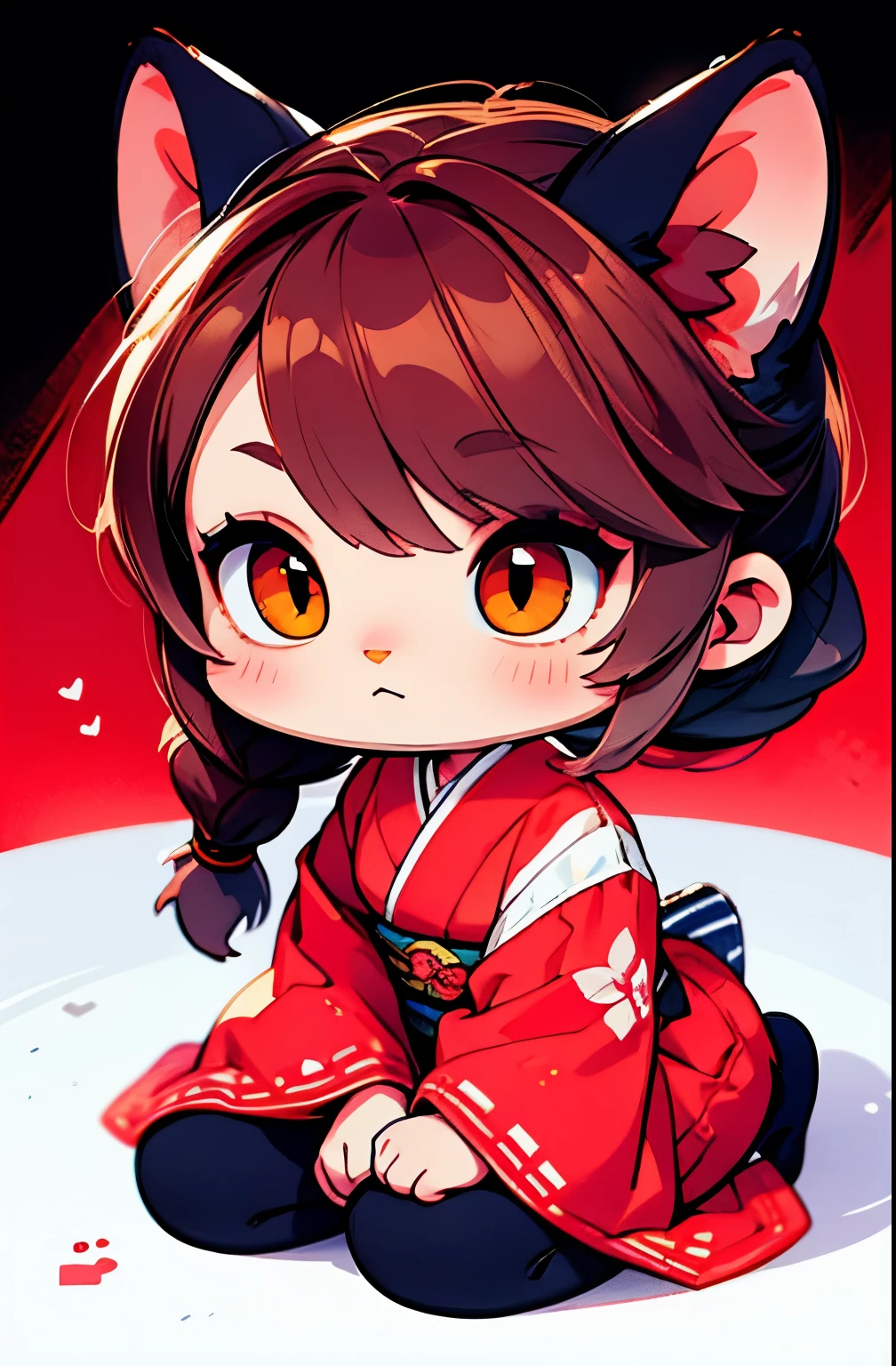 kawaii chibi cat girl, with brown hair tied in one single braid, dressed with red kimono, UHD, 8k.