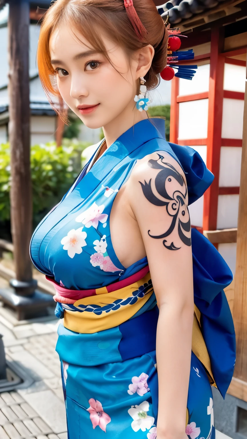 masterpiece, ((ultra detailed background, delicate pattern, intricate detail)), (highly detailed, fine details), best quality, ((medium breasts, slim girl)), NamiV2, 1girl, orange hair, solo, long hair, jewelry, ((medium breasts, slim girl, japanese clothes, kimono, left shoulder tattoo)), hair ornament, brown eyes, smile, earrings, (blue tattoo), (complex detailed background, outside, urban enviroment, traditional japanese town environment, japanese buildings, close-up, portrait),