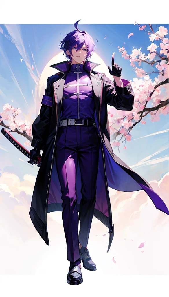 Vtuber, reference sheet, front view, male, badass, cyber samurai, katana, white and purple and blue hair. Trench coat, black pants, purple shirt, purple and blue eyes, perfect face, 1boy, fit body, scar on eye, arm straps, leg straps, shoes, 2 belts, 4K, 8k, best quality, ultra quality, perfect eyes, nice eyes, badass, front facing, cherry blossom background, anime character with purple and white hair and black coat, male anime character, hajime yatate, best anime 4k konachan wallpaper, anime style 4 k, badass anime 8 k, detailed anime character art, anime character, high quality anime artstyle, handsome anime pose, anime style character, anime character art, 4k anime wallpaper, electric aura,sasuke uchiha hair
