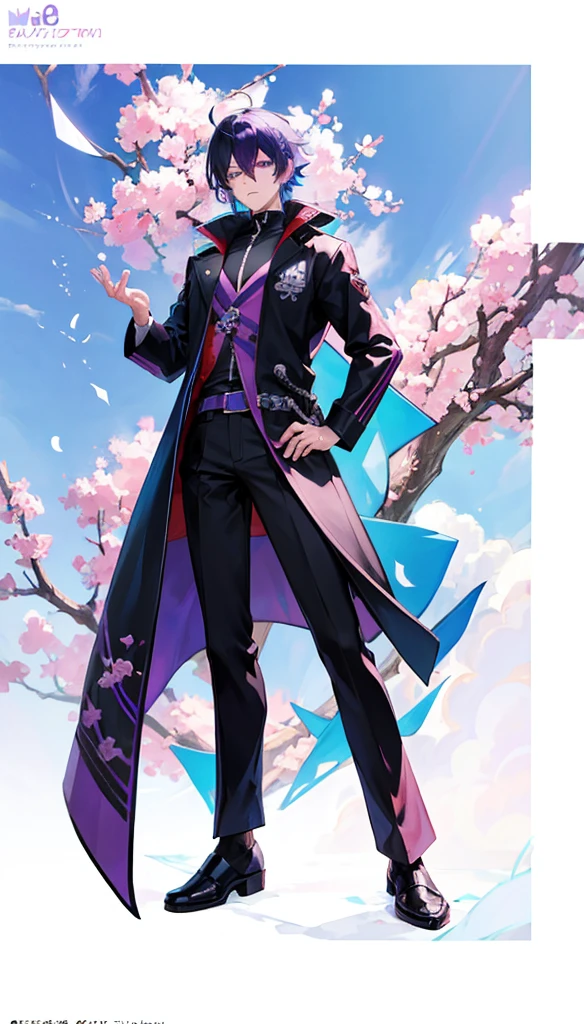 Vtuber, reference sheet, front view, male, badass, cyber samurai, katana, white and purple and blue hair. Trench coat, black pants, purple shirt, purple and blue eyes, perfect face, 1boy, fit body, scar on eye, arm straps, leg straps, shoes, 2 belts, 4K, 8k, best quality, ultra quality, perfect eyes, nice eyes, badass, front facing, cherry blossom background, anime character with purple and white hair and black coat, male anime character, hajime yatate, best anime 4k konachan wallpaper, anime style 4 k, badass anime 8 k, detailed anime character art, anime character, high quality anime artstyle, handsome anime pose, anime style character, anime character art, 4k anime wallpaper, electric aura,sasuke uchiha hair