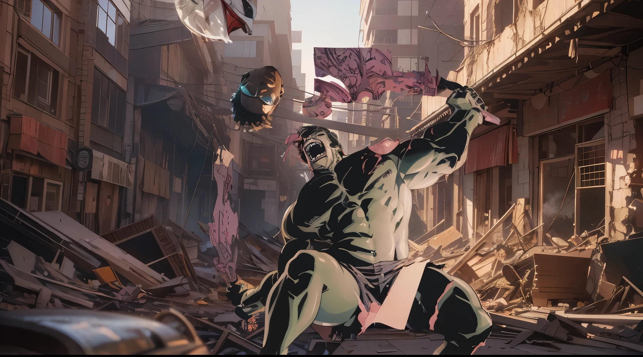 Capture the gory, bloody moment as the incredibly hulk that rips a young, dark-skinned man wearing glasses, dressed in a crisp white windbreaker hoodie in half. This RAW masterpiece showcases an ultra-high resolution, photorealistic full-body portrait, illuminated by the warm glow of sunlight. The scene is rendered in the captivating style of mecha sci-fi anime, boasting an impressive 8K resolution for the best quality imagery. Crafted with Unreal Engine 1.4, this piece features ultra-realistic 64K CG, skin texture at 1.4, and volumetric fog to add depth and atmosphere. The details are further enhanced with 8K UHD, DSLR quality, film grain, and the artistic touch of lomography. The result is a stunning blend of high-quality visuals, translucent effects, and photorealism that truly captivates the viewer.
