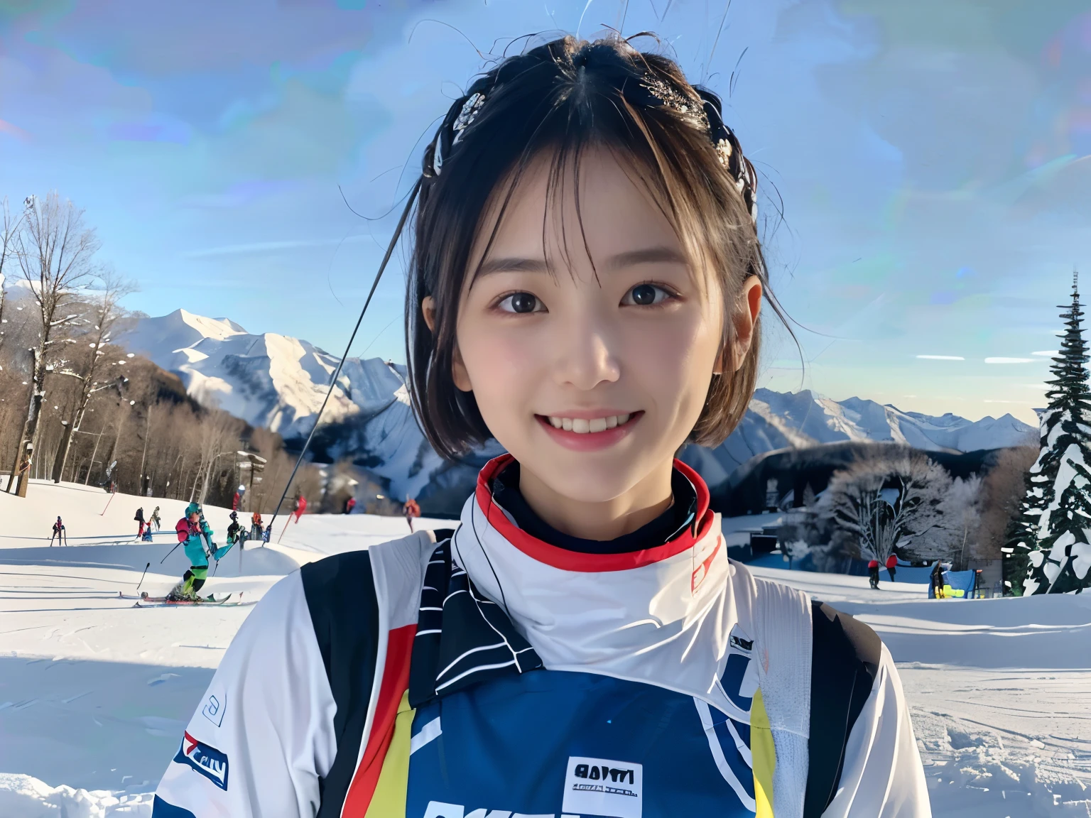 (Portrait of one girl with thin small breasts and short hair in colorful ski wear:1.5)、(One girl skiing with a show-off face and a small smile :1.5)、(snow ski garden:1.5)、(beautiful blue sky 1.5)、(perfect anatomy:1.3)、(no mask:1.3)、(full finger:1.3)、Photoreal、Raw photo、table top、highest quality、High resolution、delicate and beautiful、perfect face、beautiful and fine eyes、Fair skin、real human skin、pores、((thin legs))、(black hair)