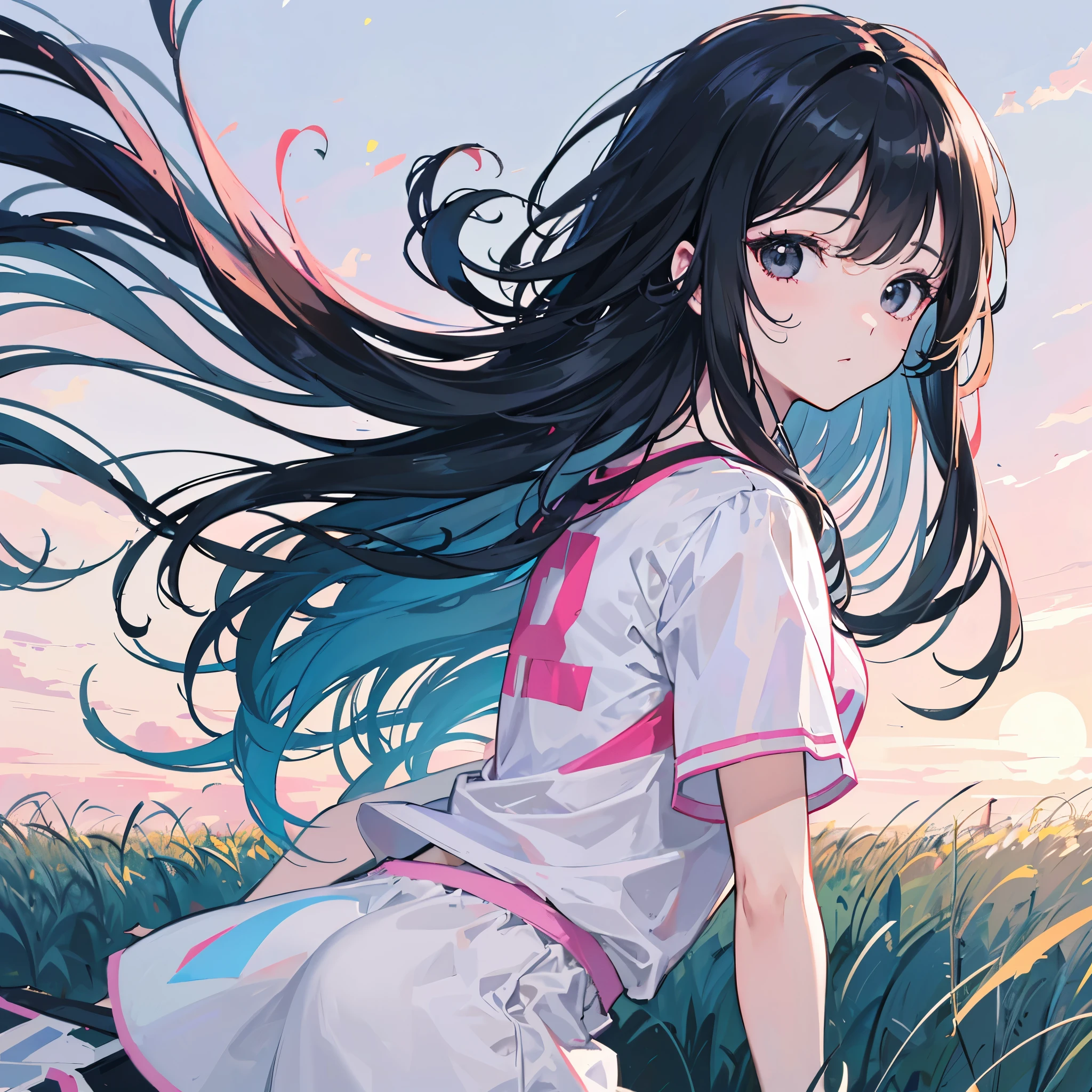 ( highres, ultra detailed, realistic, )(解剖学正确), 1 girl,long black hair, wind blow,pink white stripe T-shirt, One hand supporting the cheek, lying on the grass, black eyes looking at the sky, sunset sky background, ultra - detailed, best quality, Detailed diagram, vectorized, 8K, Graphic design, vector lines, Full-HD,仰视角度