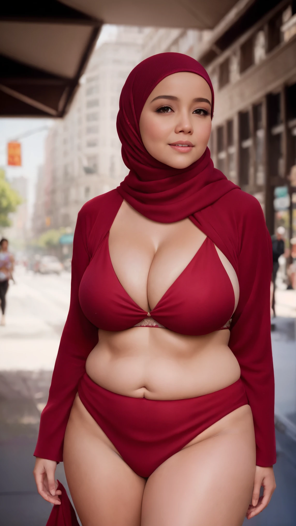 close-up portrait of a beautiful chubby curve body woman in hijab walking at busy street in the morning, wearing red bikini top and bikini bottom, ((heavy big breast)), showing large cleavage, reeds, (backlight), realistic, masterpiece, soft smile, high quality, lens reflection, shadow, flower, [[chromatic aberration]], by Jeremy Lipking, by Antonio J. Manzanedo, digital painting,