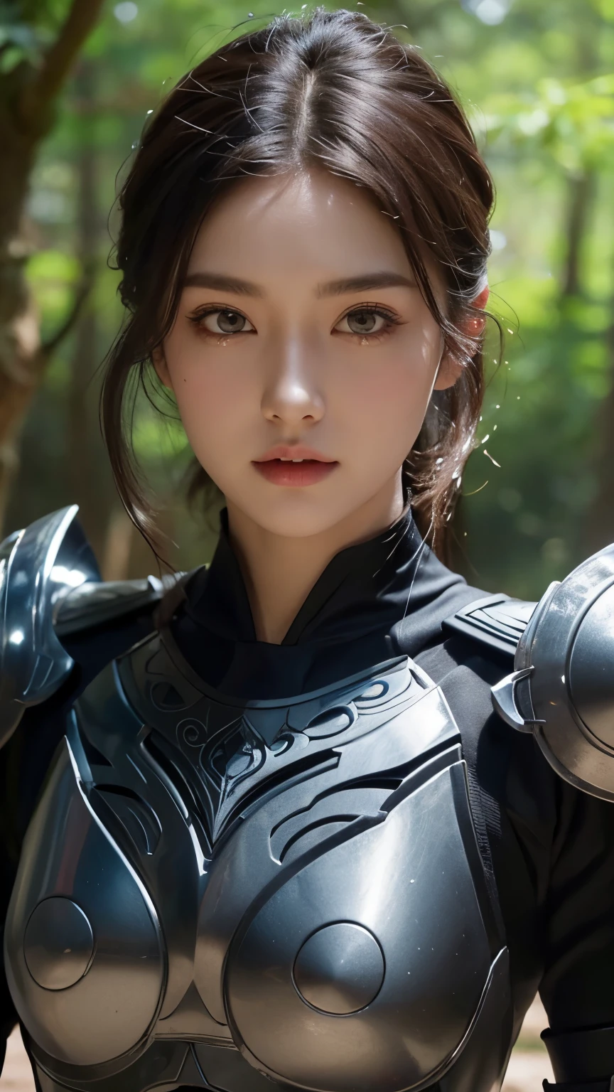 a sserafimsakura, perfect eyes, (ultra realistic:1.5), (standing in forest:1.2), (close-up photo:1.5), (black paladin armor:1.2), (intricate:1.2), (looking at camera:1.2), (best quality:1.2),