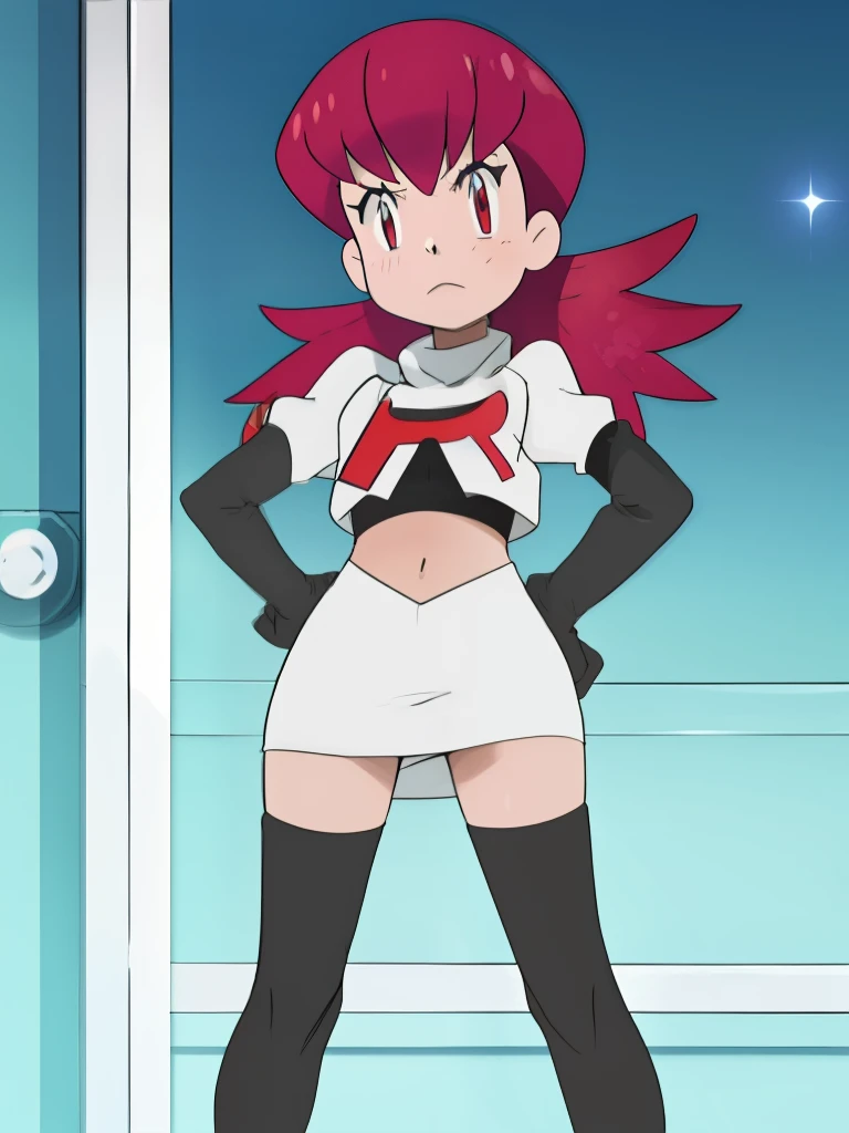 ((team rocket uniform,red letter r,white skirt,white crop top,black thigh-high boots,black elbow gloves,evill vilainess look,looking at viewer,hands on hips,from below)),(best quality,4k,8k,highres,masterpiece:1.2),ultra-detailed,(realistic,photorealistic,photo-realistic:1.37),((HDR,UHD,studio lighting,extreme detail description,professional,portraits,red color scheme,dramatic lighting)),{{sexy squat on toilet, spread legs,black panties,harukawa maki, long hair, bangs, brown hair, black hair, hair ornament, (red eyes:1.5), twintails, very long hair, hairclip, blunt bangs, mole under eye, low twintails, scrunchie, hair scrunchie, red scrunchie,,UHD}}