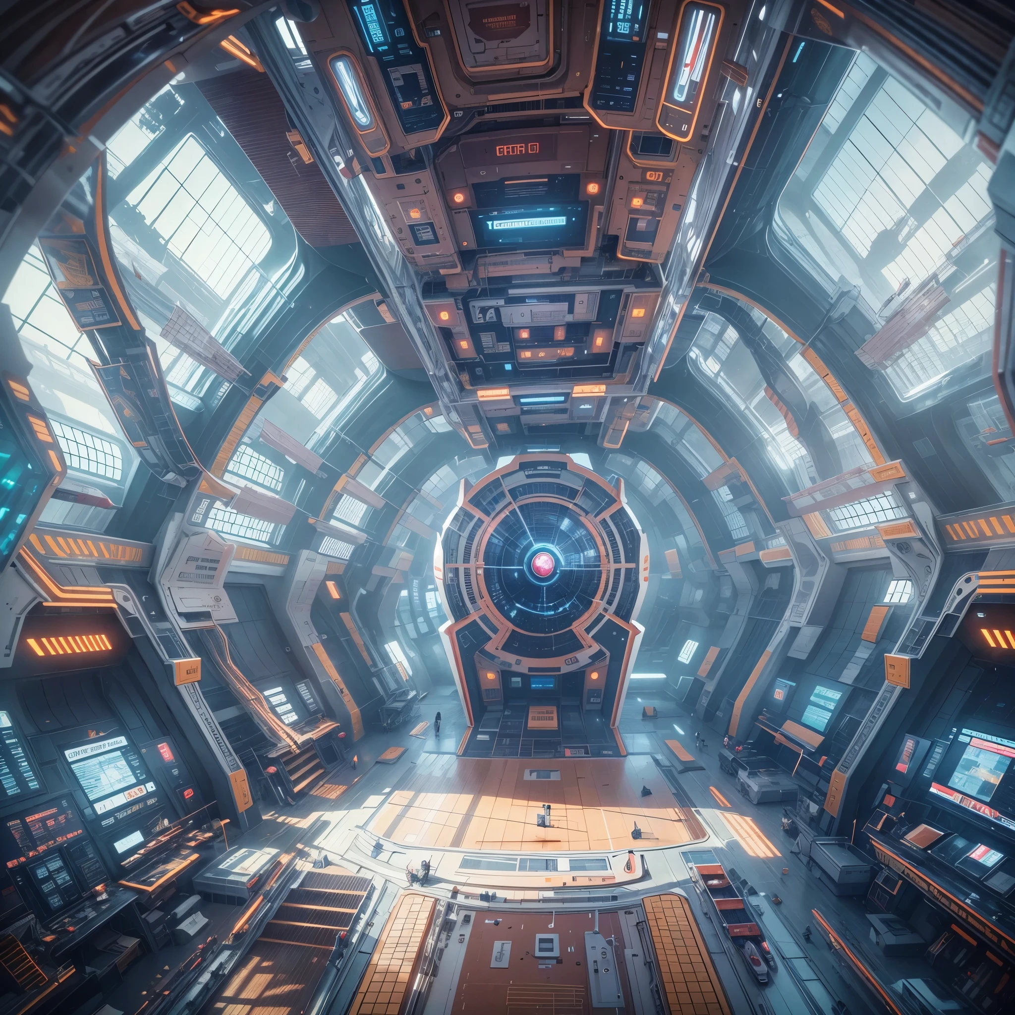 Huge spaceship floating in the sky,Spacious viewing platform,bird's eye view,Luxurious hull interior,Full of futuristic technology,detail,Exquisite,Gorgeous 3D rendering effects,Sci-fi colors