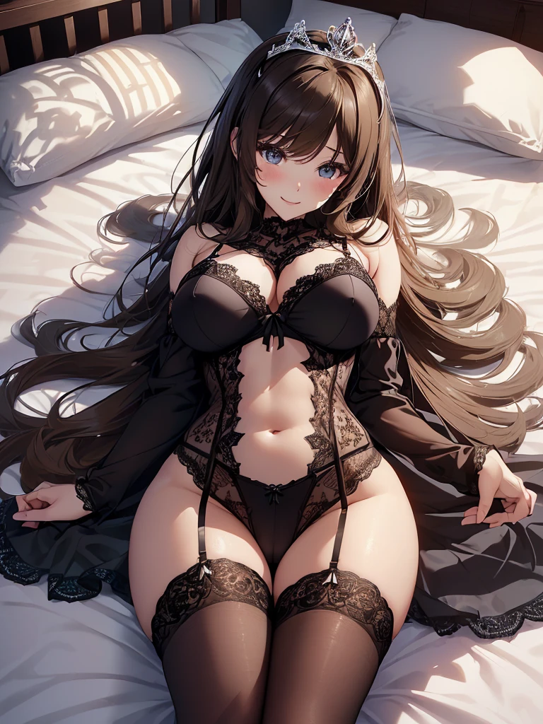 highest quality、Highest image quality、masterpiece、腕をstrongly上げて、arms behind、Super beautiful beauty((22 years old OL big bust、Bust 100,beautiful long ironed hair、brown hair、、slender、Close-up、Esbian、beautiful tiara、High quality、beautiful art、)muste piece、visual art、Depth of bounds written、night、、magic of light、、harp melody🎵、A happy smile、gentle light、、Beautiful legs that are gentle on the skin、arms behind、ticker beautiful decorative、elegant、mystical　rosa、　 beautiful dressy、、、sexy、friendly smile、lingerie、underwear、 body stocking.  beautiful bedroom、sleeping in bed、lie down on the bed、supine position、(lie on bed1.8)、Angle from above、Turn your body sideways on your back、　　shyly、crying face、tears、

(gorgeous body stocking:1.3), (intricate lace:1.4), (see thorough:1.5),decorative panties、 spread your legs、thighsを前面に、M-shaped legs、Spread your  and show it to me、strongly、、big ass、thighs、foot stockings
、UHD