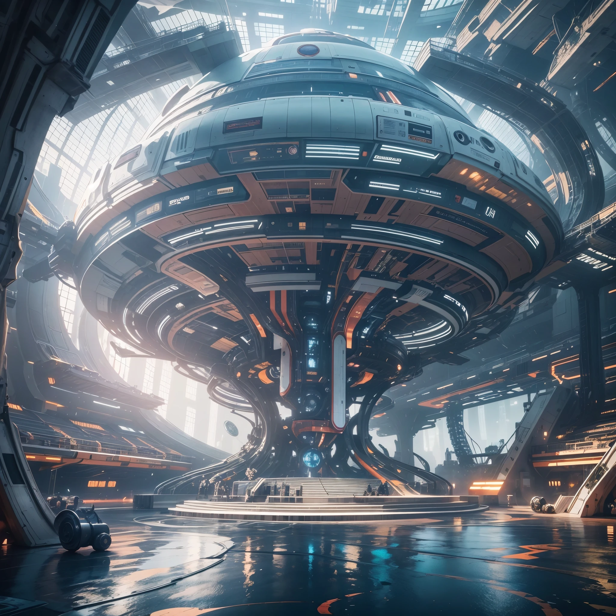 There is a huge spaceship floating in the sky，There is a large viewing platform，There&#39;s a huge engine in the back, futuristic interior, sci-fi interior, Detailed futuristic architecture, gorgeous 3d render, stunning 3 d render