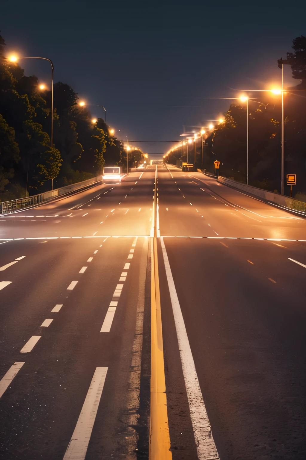 A long highway stretching through the silent darkness, illuminated only by the soft glow of the moon and the headlights of passing cars. (best quality, highres), (realistic, photo-realistic:1.37), ultra-detailed, (HDR, studio lighting), vivid colors, sharp focus, bokeh, (nighttime:1.1), (long exposure:1.1).