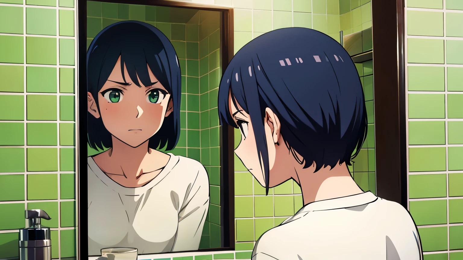 manga aesthetic, a latin girl in a stands in profile in green tiled bathroom. She looks in the mirror with a doubtful expression on her face, her reflection in the mirror has a confident expression.