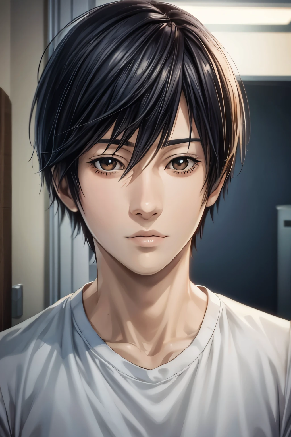 masterpiece, best quality, illustration, 1boy, solo, male focus, looking at viewer, upper body, , , realistic, hiro_shishigami, black hair, brown eyes, , hospital, HD